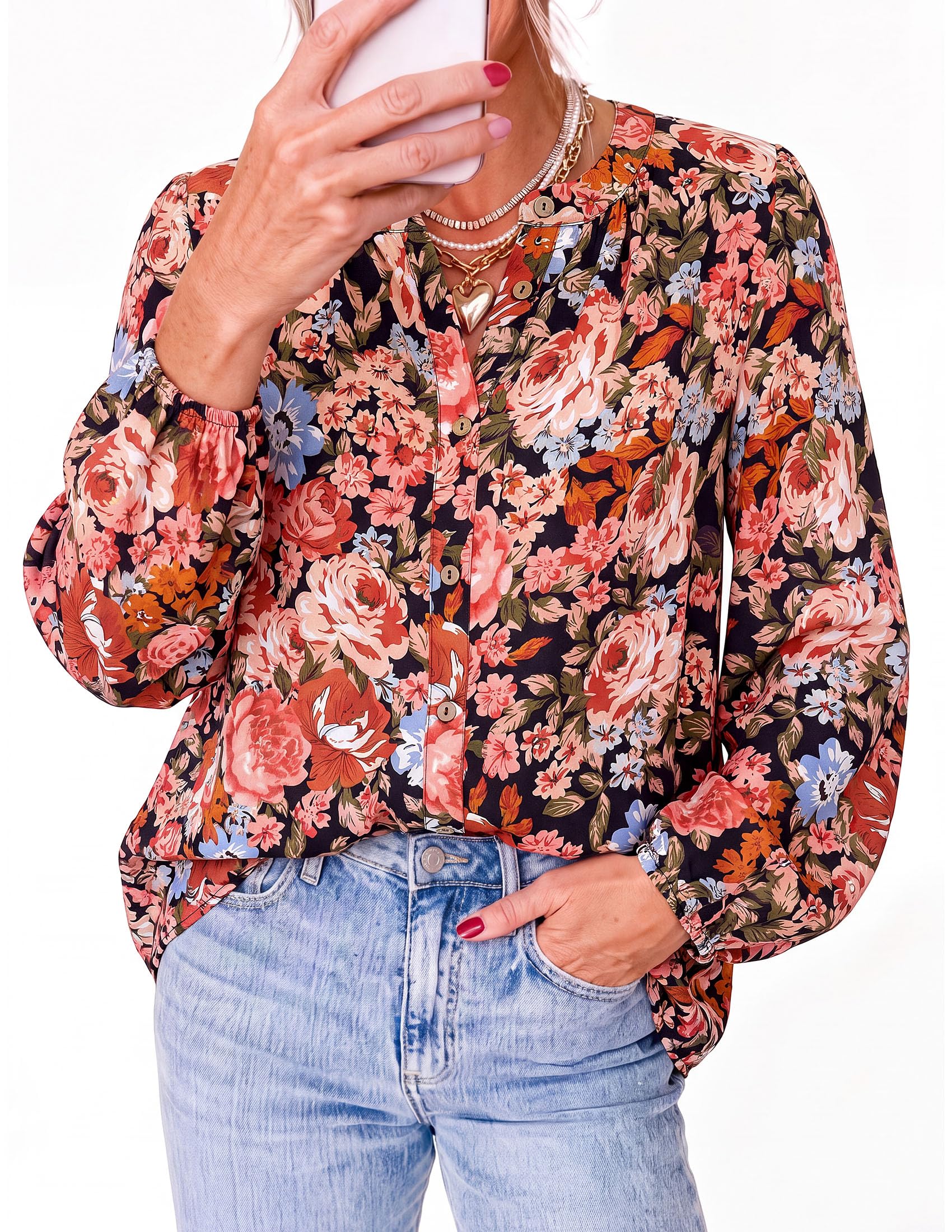 Women's Boho Tops Fall Long Sleeve Button Down Floral Blouses