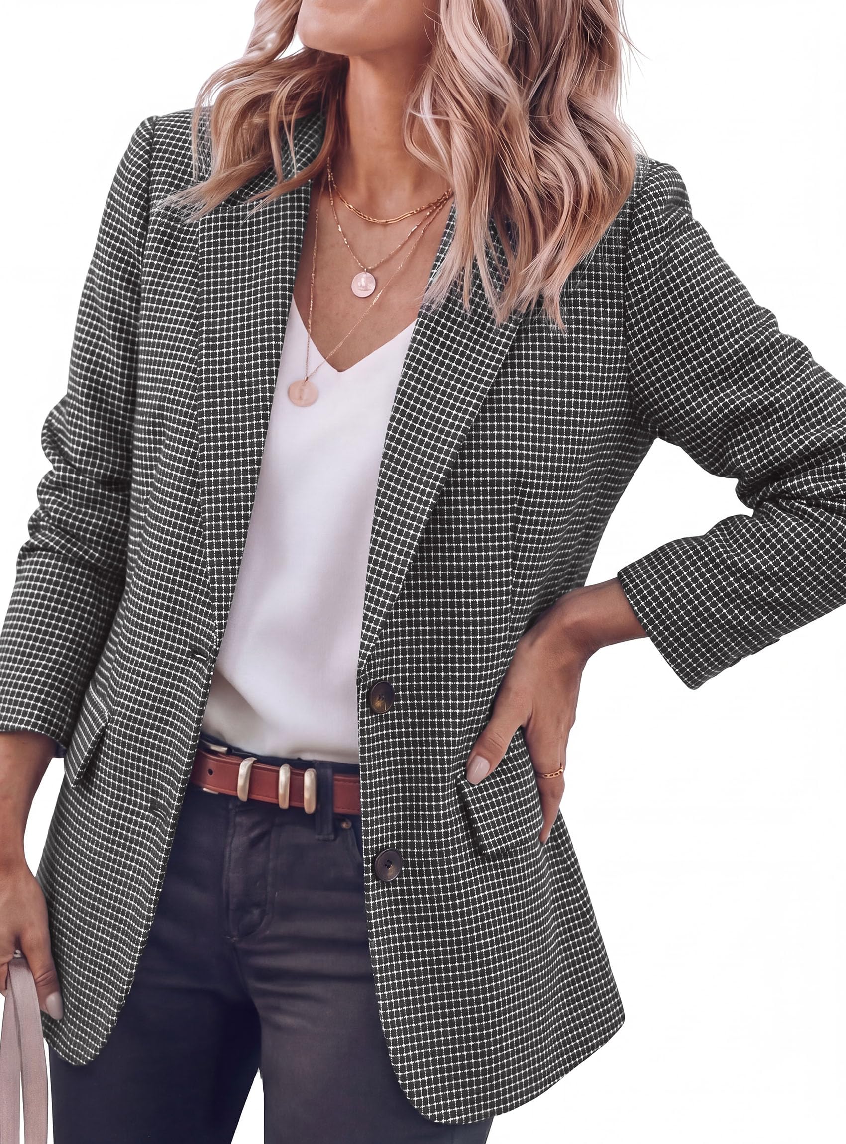 Fall Plaid Blazers for Women Business Casual Black S