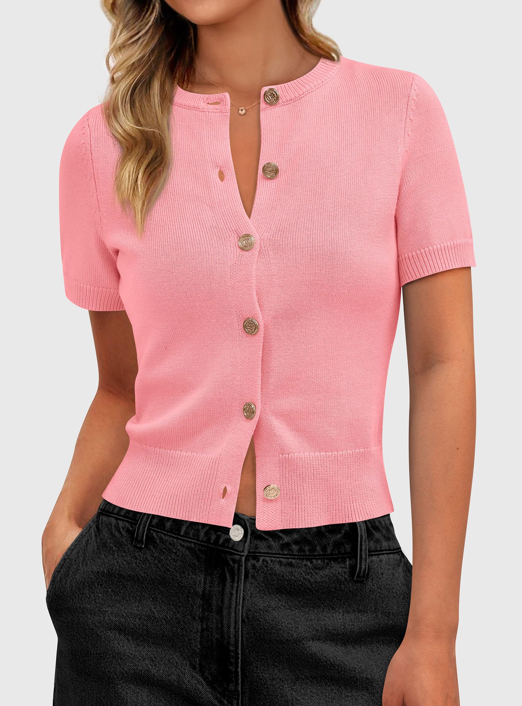 Womens Summer Cardigan Short Sleeve Sweater,Pink,S