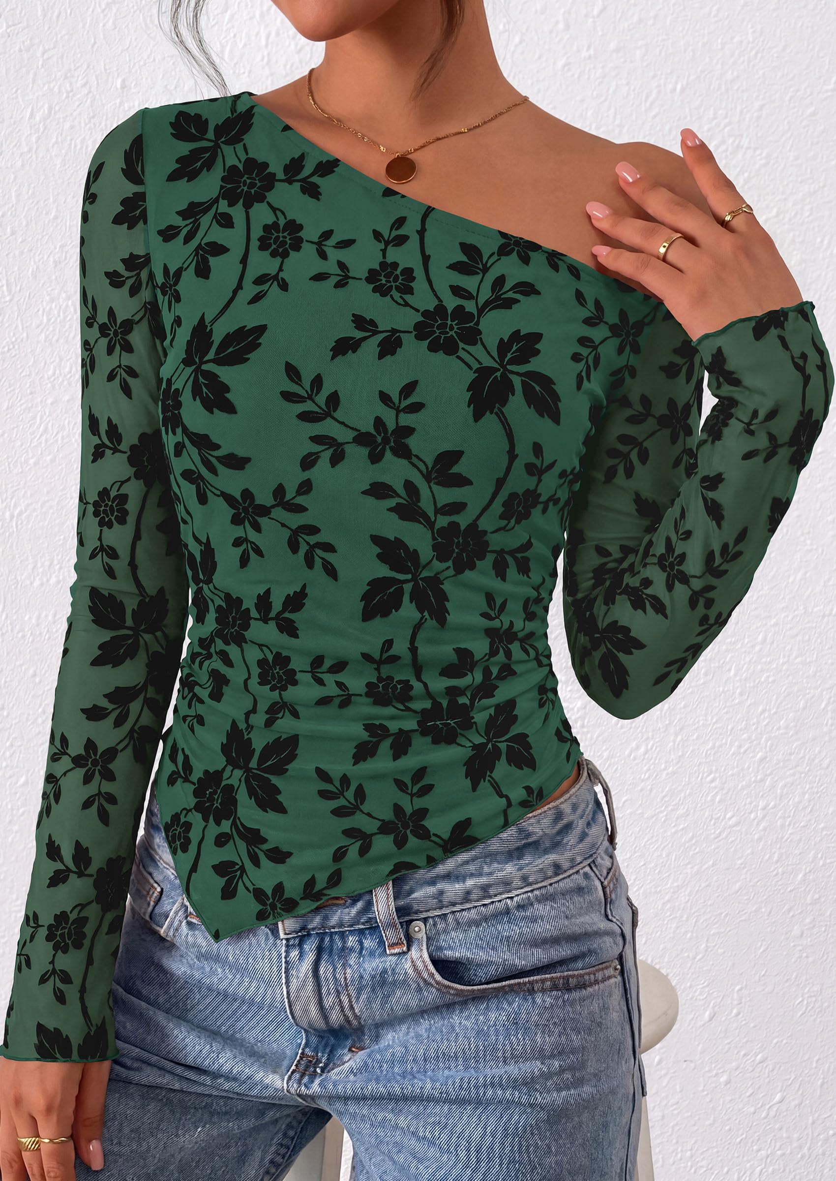 Womens Off Shoulder Mesh Y2k Tops,Dark Green,XS