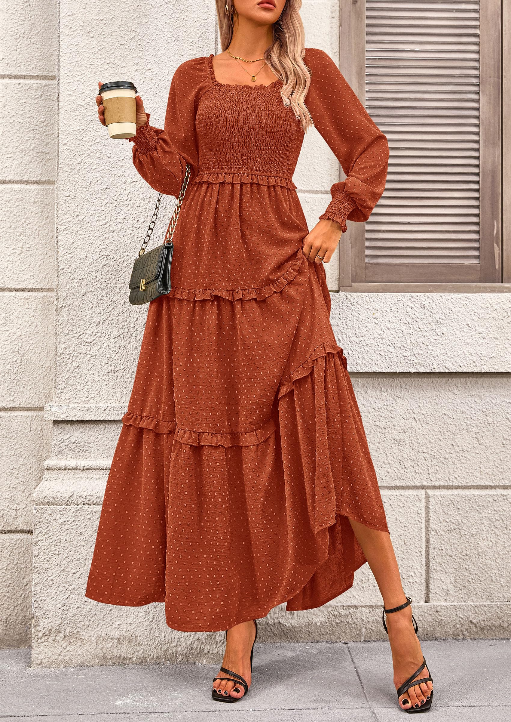Women's Smocked Long Sleeve Maxi Dress Wedding Guest Dresses