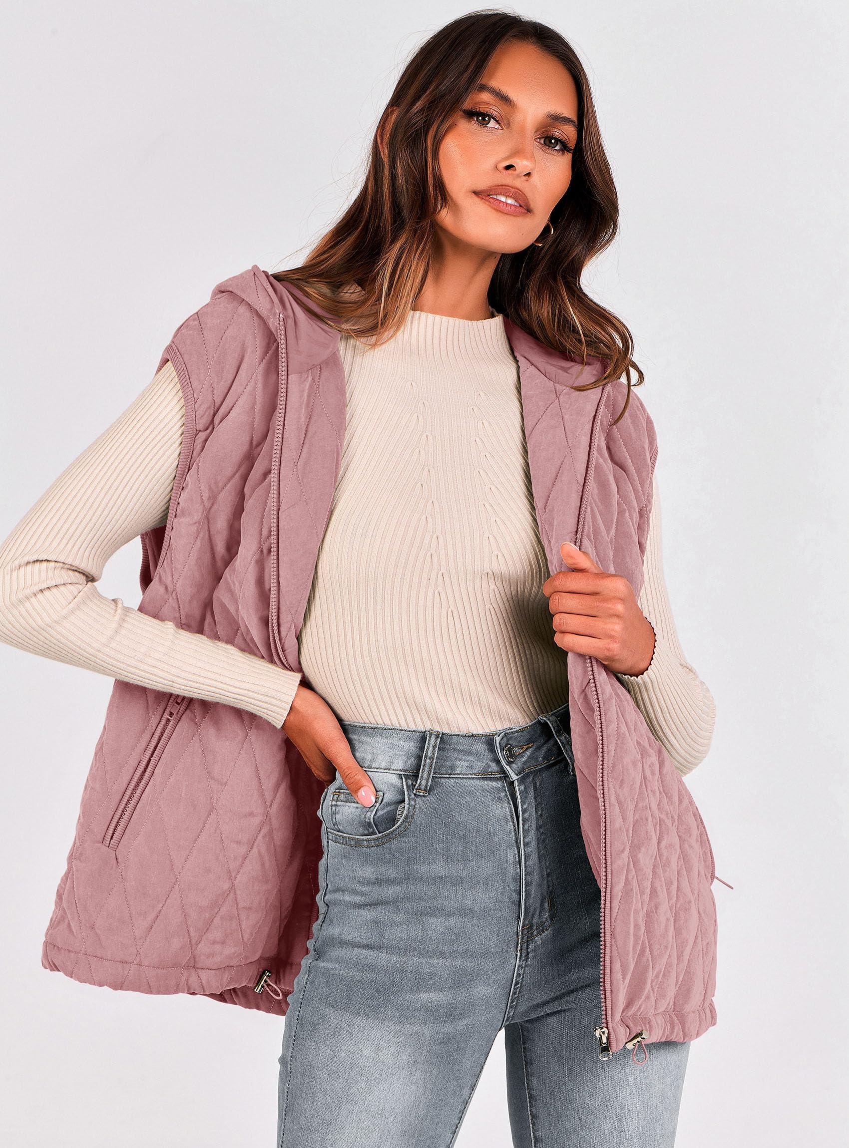 Women's Fall Fashion Vest Zip Up Jacket(Pink,Small)