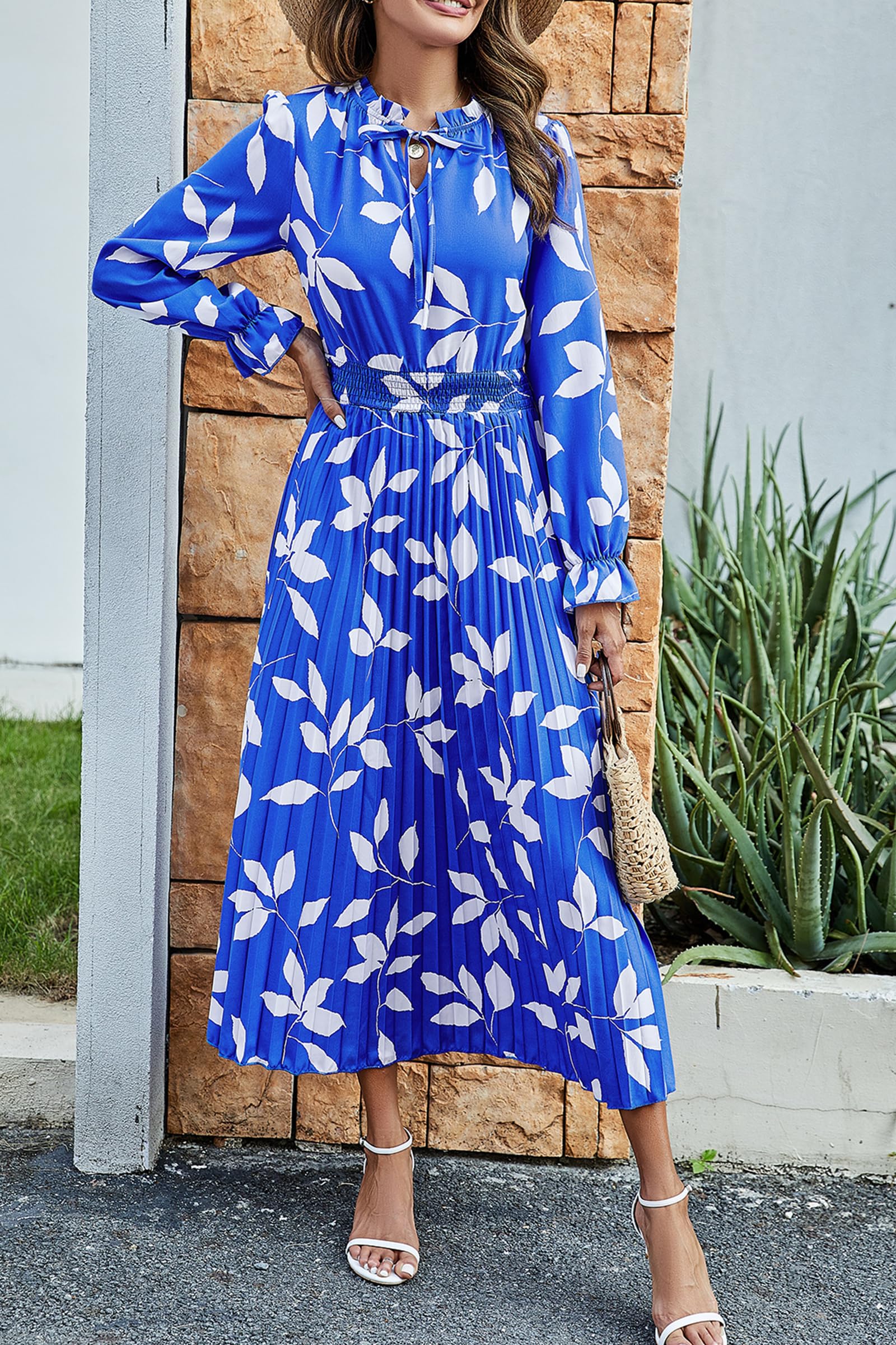 Women's Fall Midi Wedding Guest Dress(Blue Leaves,Medium)