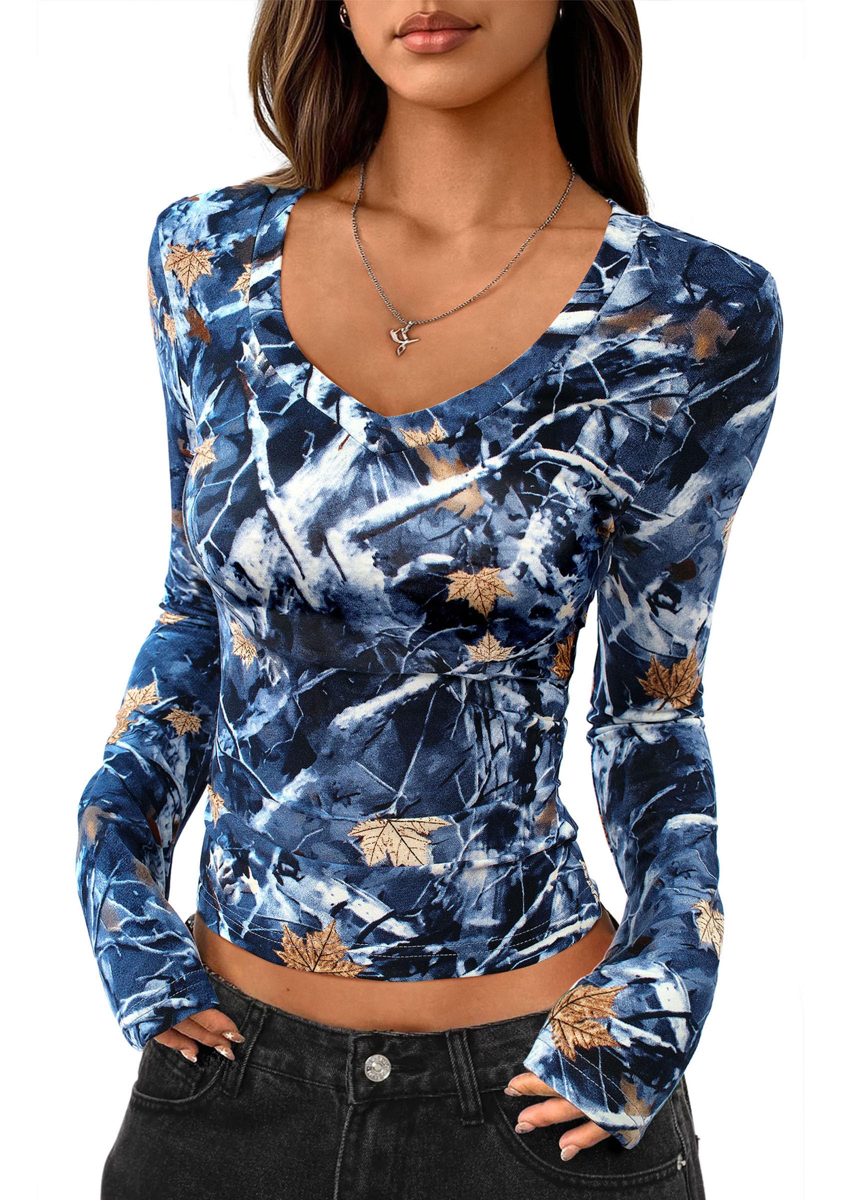 Womens Long Sleeve Slim Fit Crop Tops,Dark Blue Floral,S
