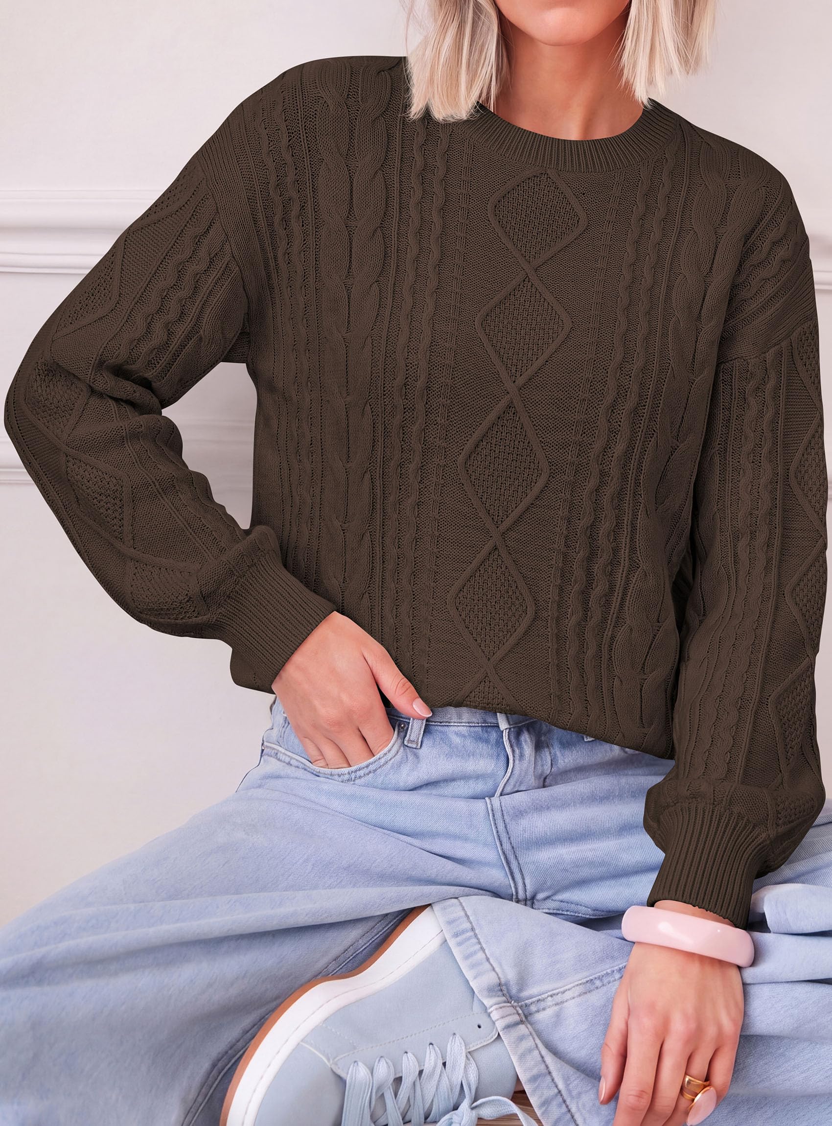 Women's Crewneck Cable Knit Sweater Pullover Tops Coffee