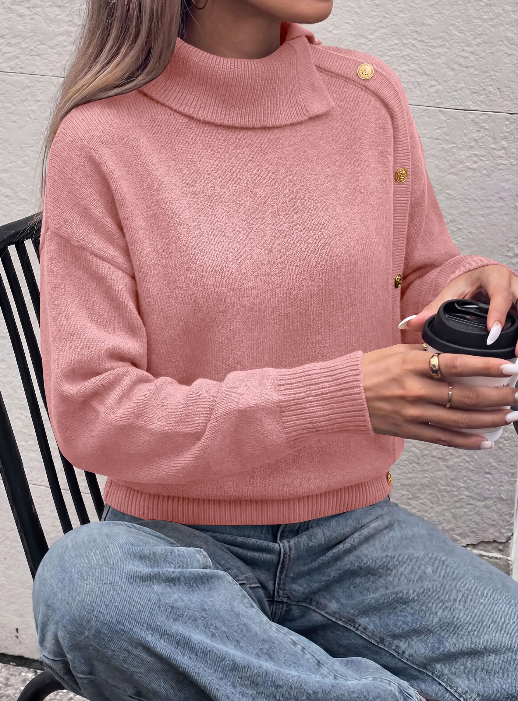 Womens Turtleneck Sweater Pullover Side Button Fall Clothes