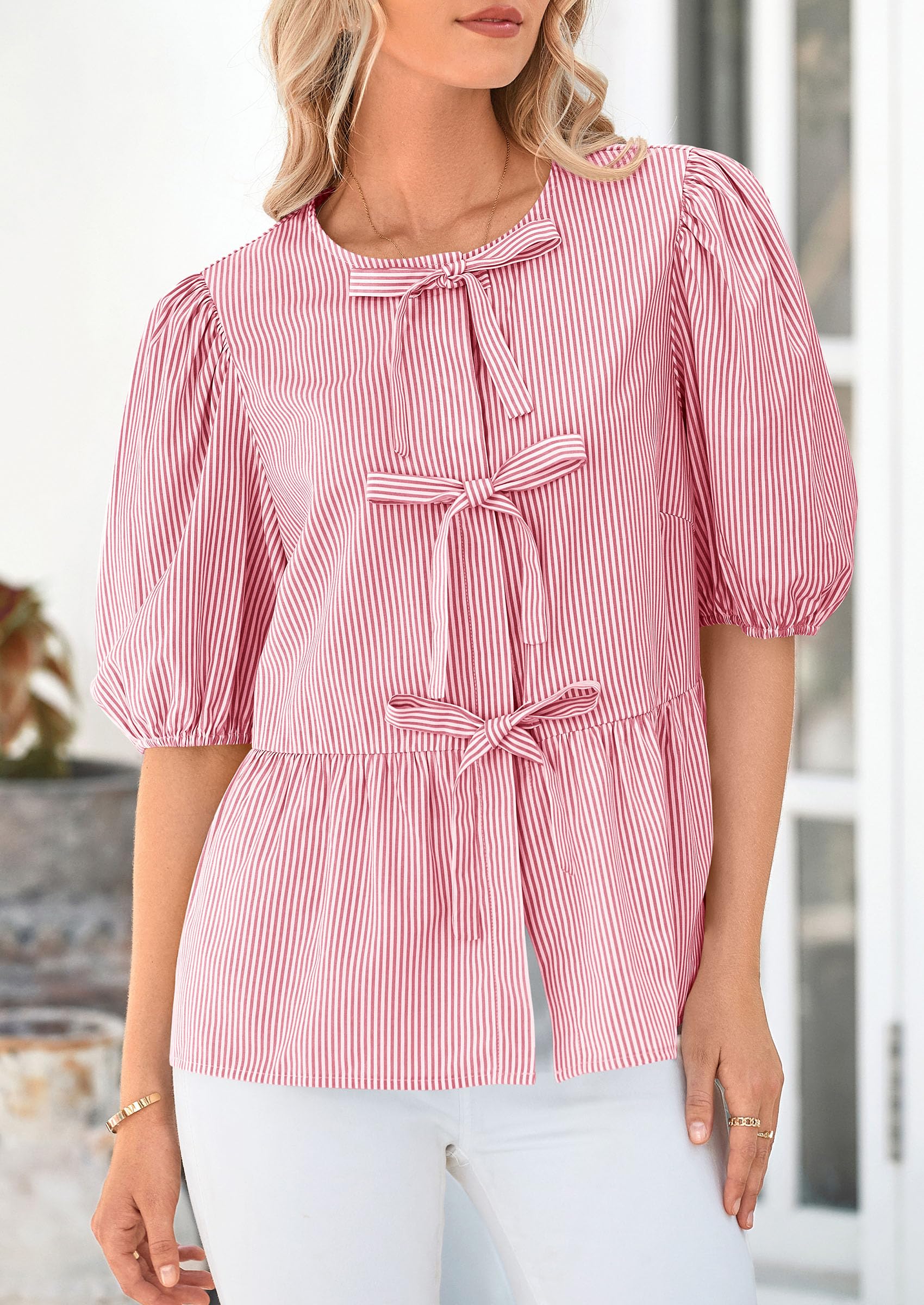 Women Striped Tie Front Babydoll Peplum Tops, Red,S