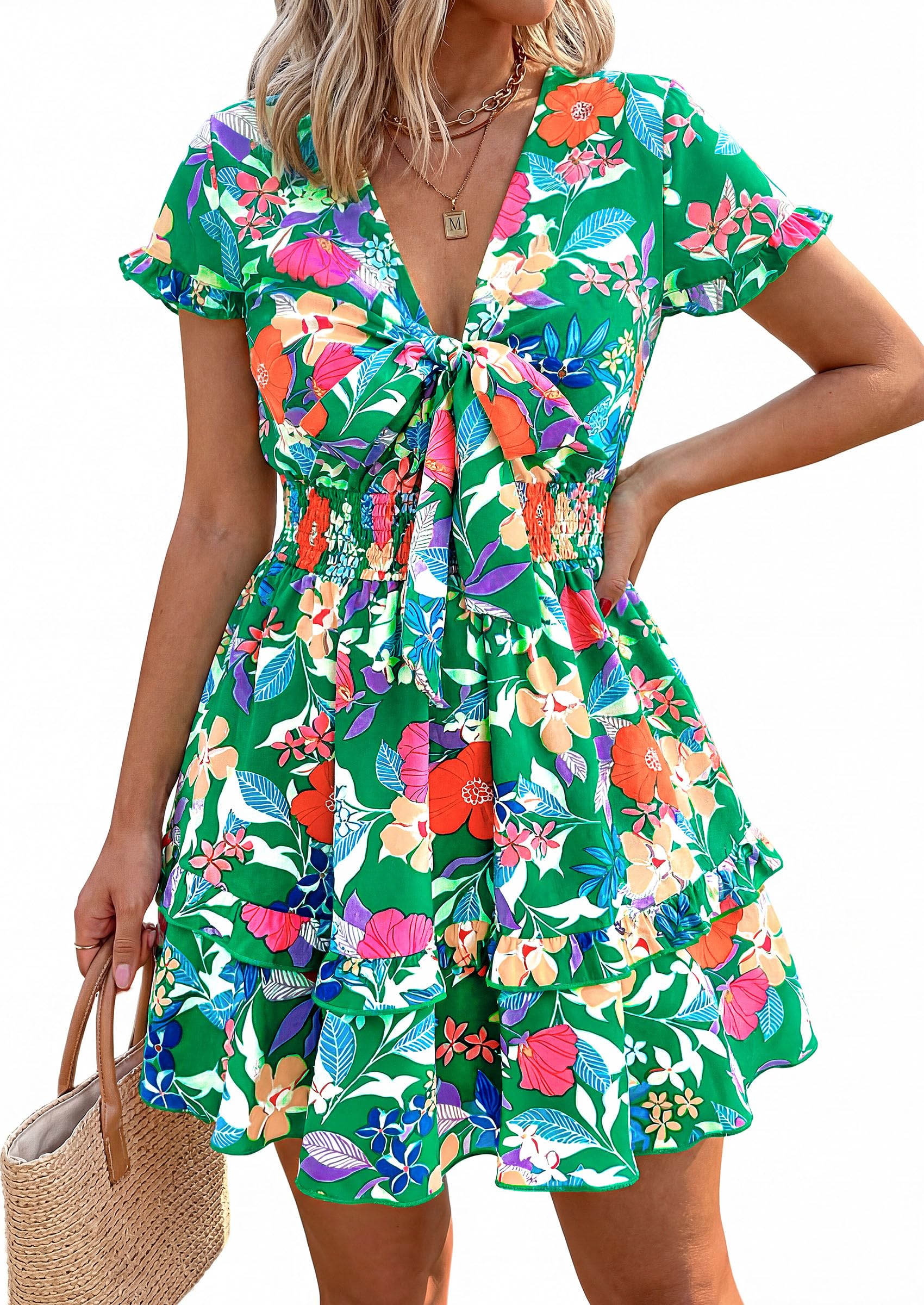 Women's Boho Floral Mini Tiered Dress, Floral Green Orange,S