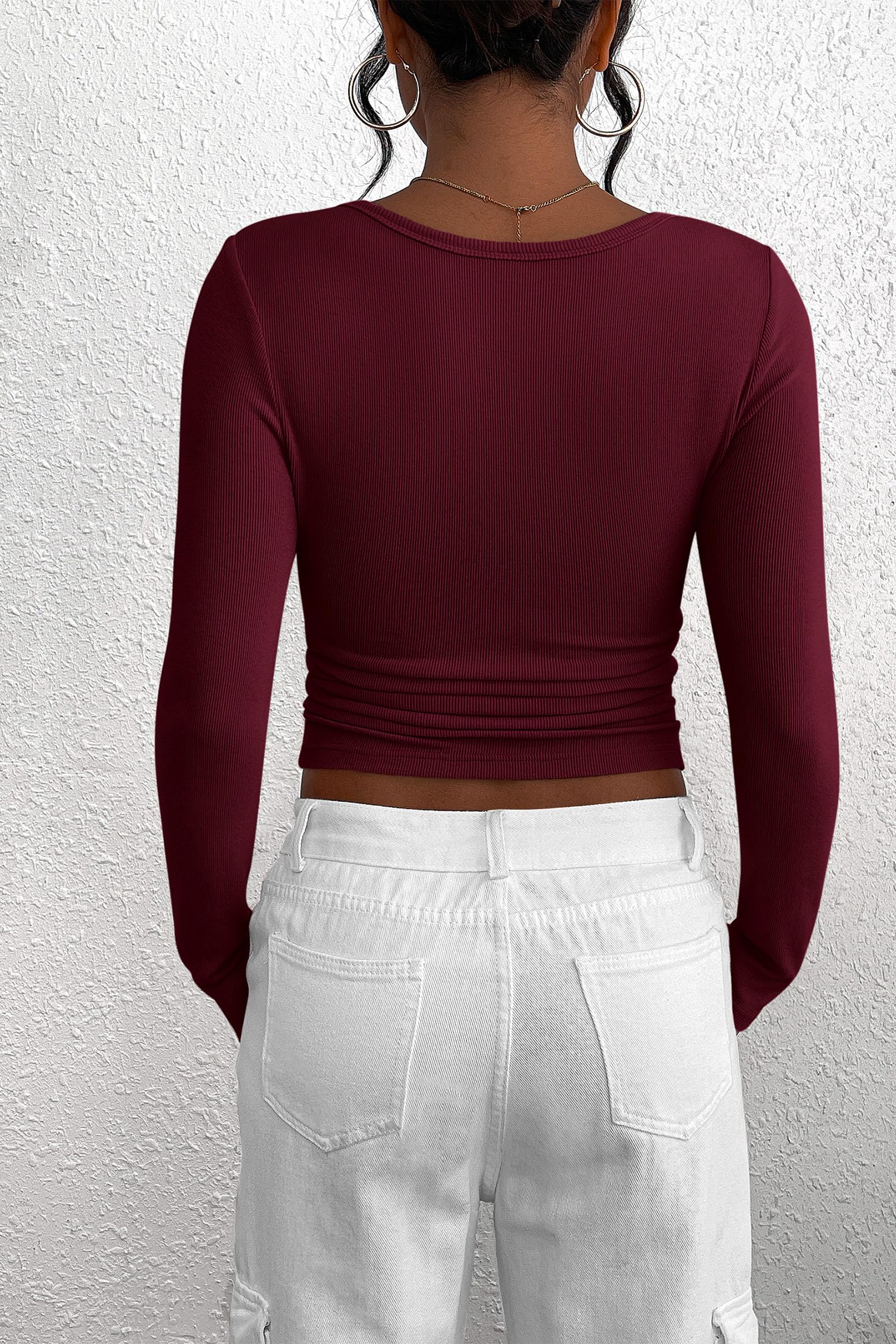 Women's Fall Long Sleeve Henley T Shirts Wine Red