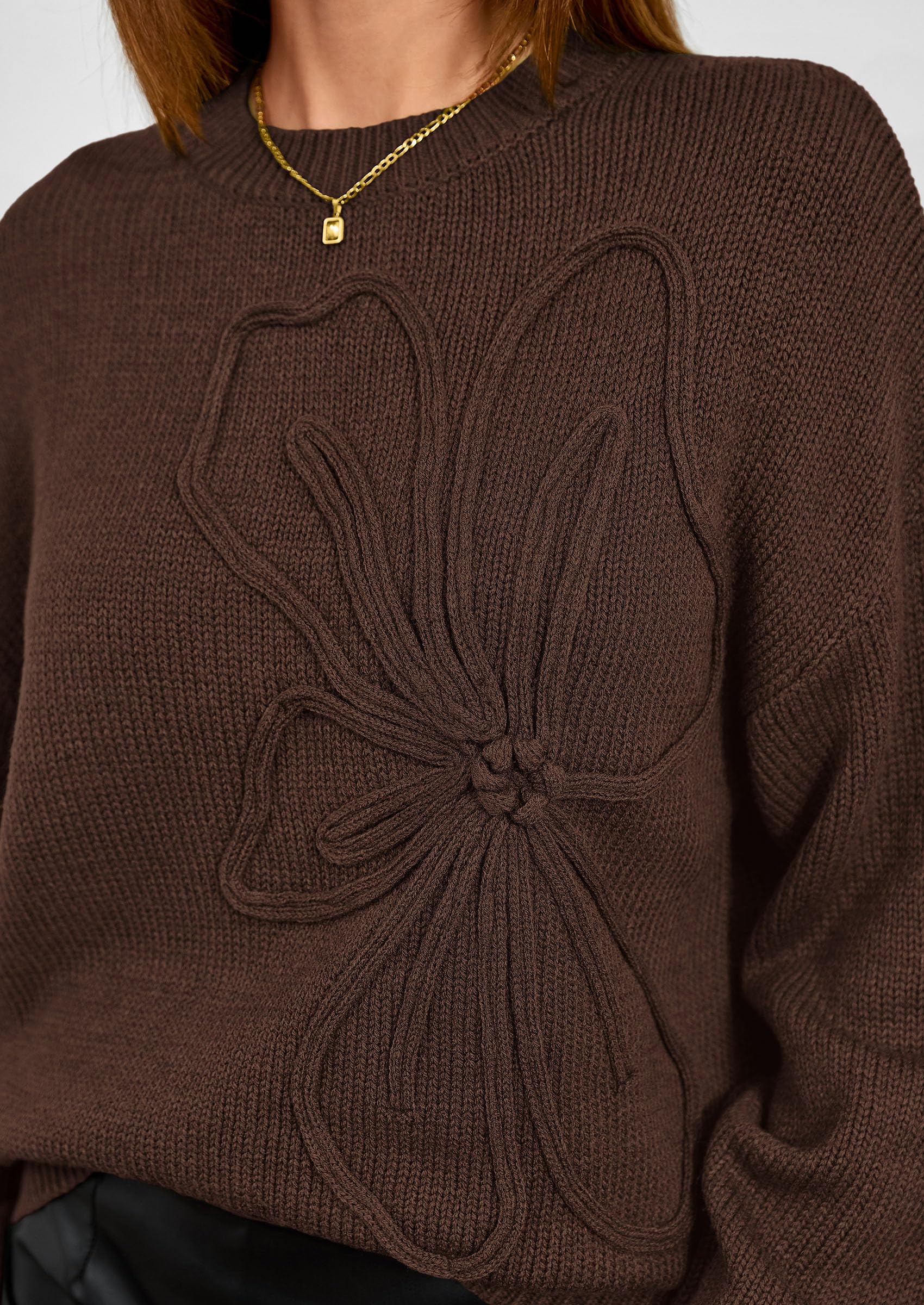 Women's Oversized 3D Floral Knit Sweater,Brown,S
