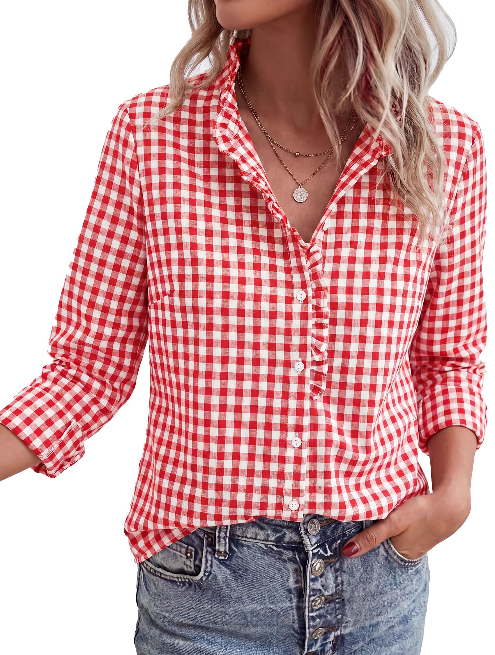 Womens Long Sleeve Button Down Shirts,Brilliant Red White,S