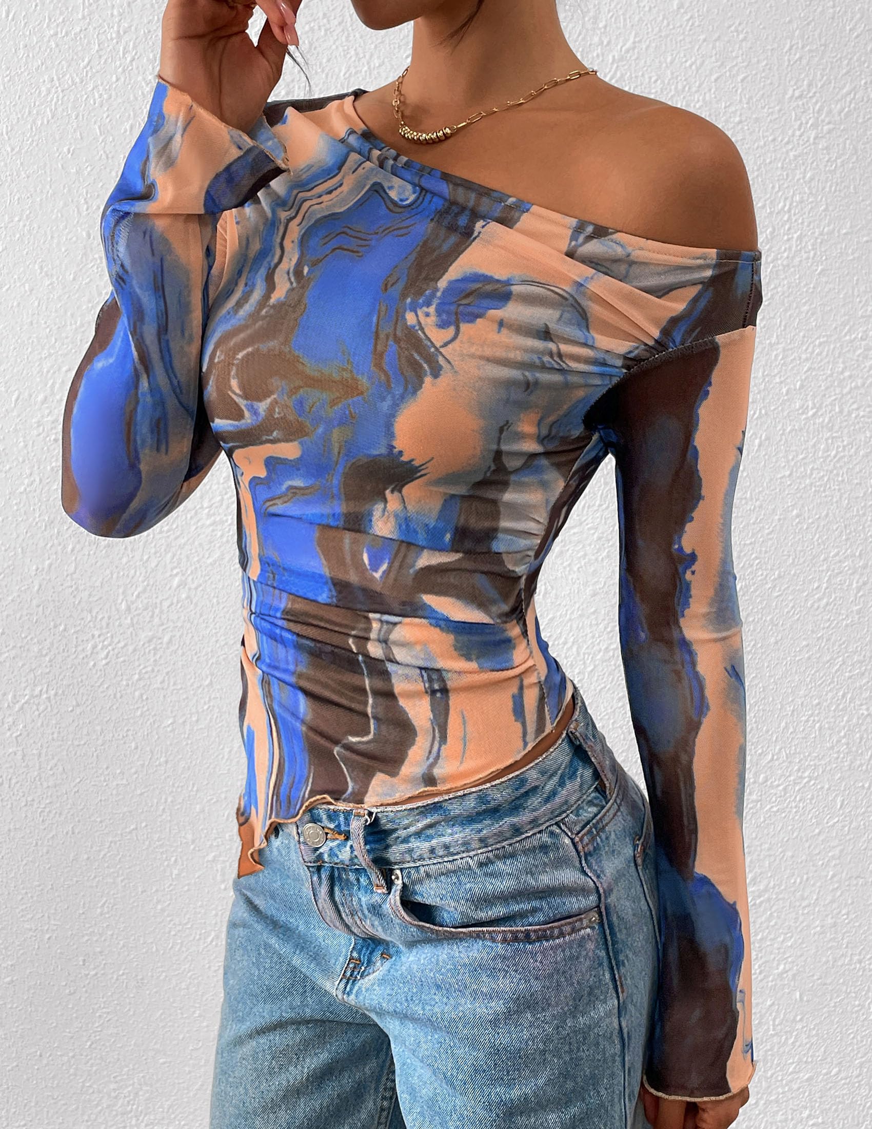 Womens Off Shoulder Mesh Y2k Tops,Blue Watercolour,XS