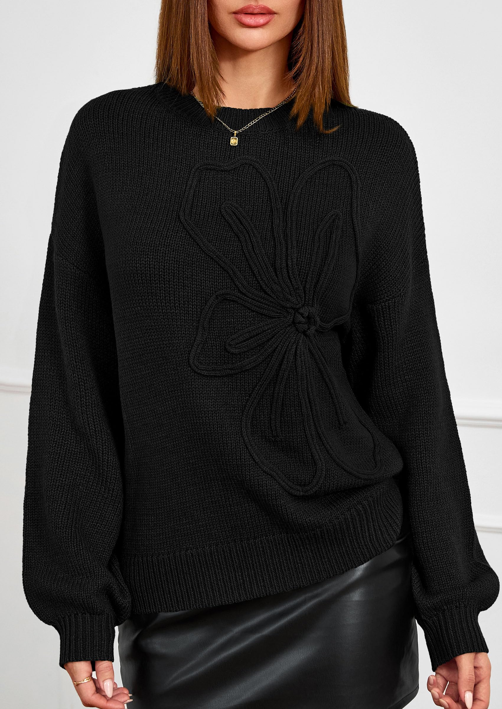 Women's Oversized 3D Floral Knit Sweater,Black,S