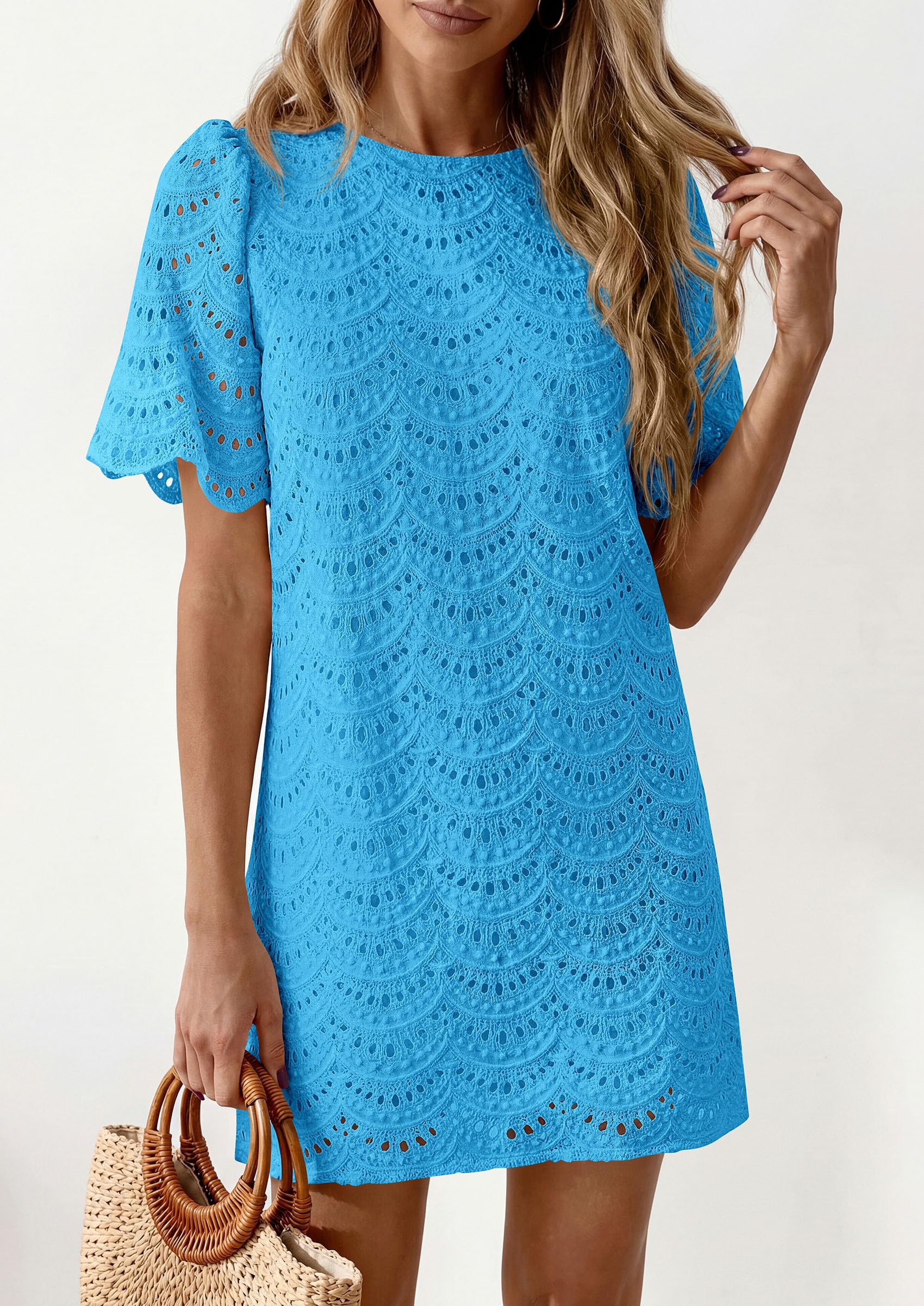 Women's Summer Eyelet Lace Short Dress (Brilliant Blue,S)