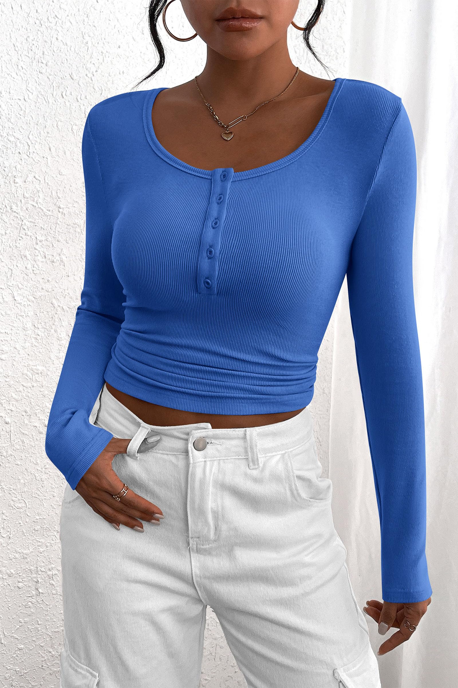 Women's Fall Long Sleeve Henley T Shirts Royal Blue