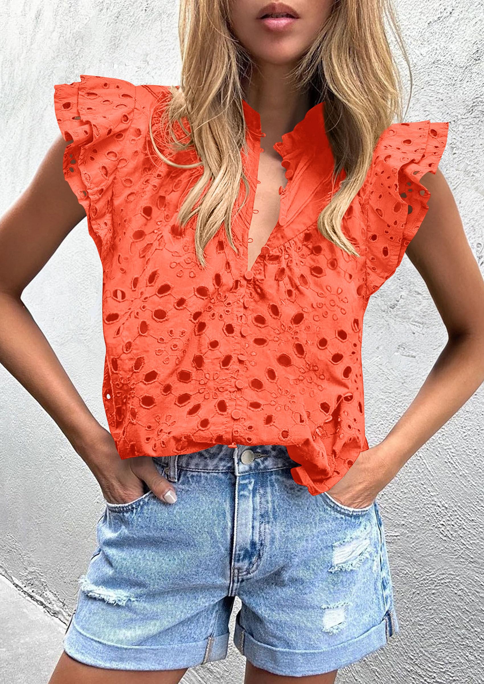 Women's Eyelet V Neck Summer Tops Dressy Casual Orange,S
