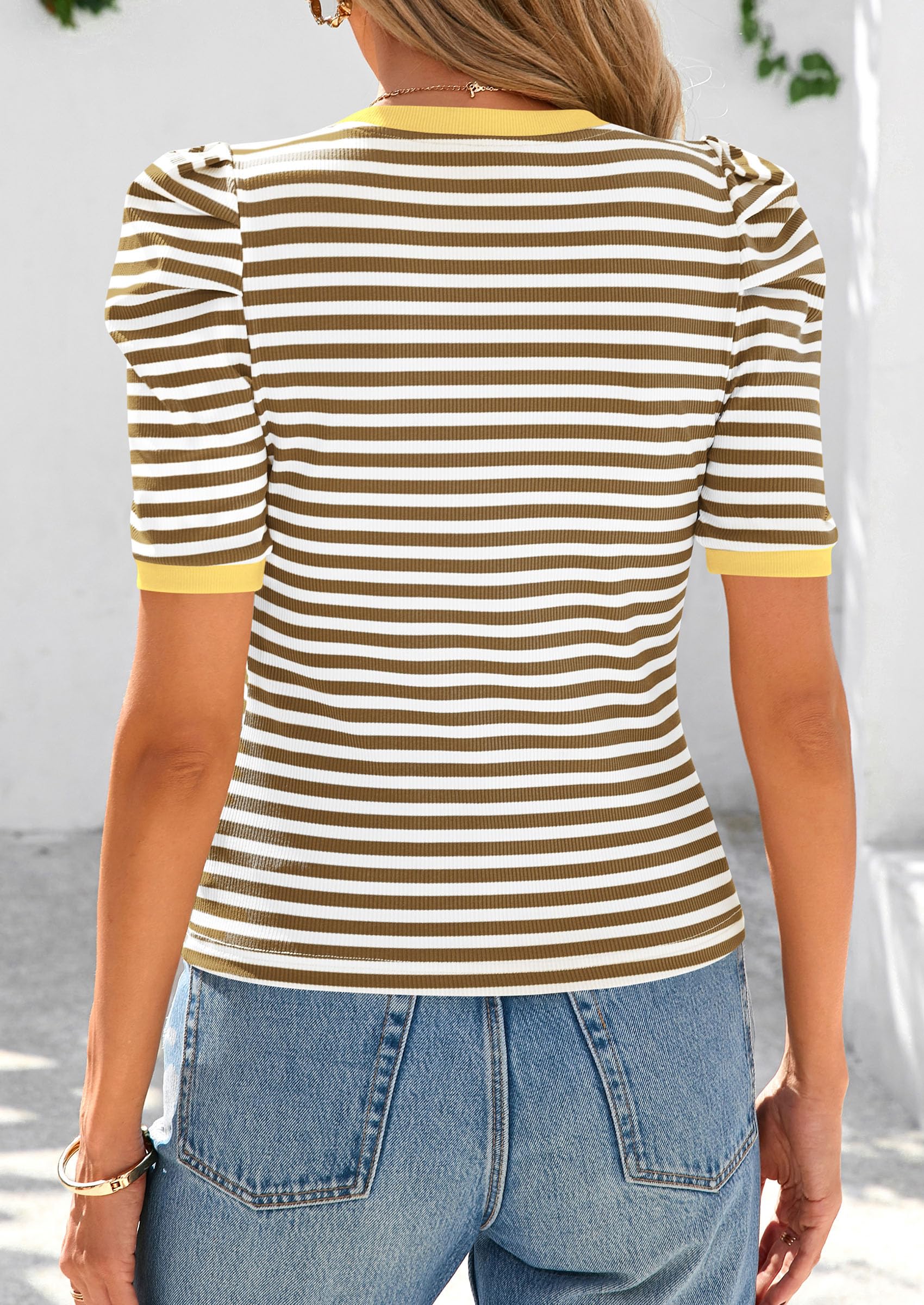 Ribbed Puff Short Sleeve Tops for Women Striped Shirt Khaki,XS