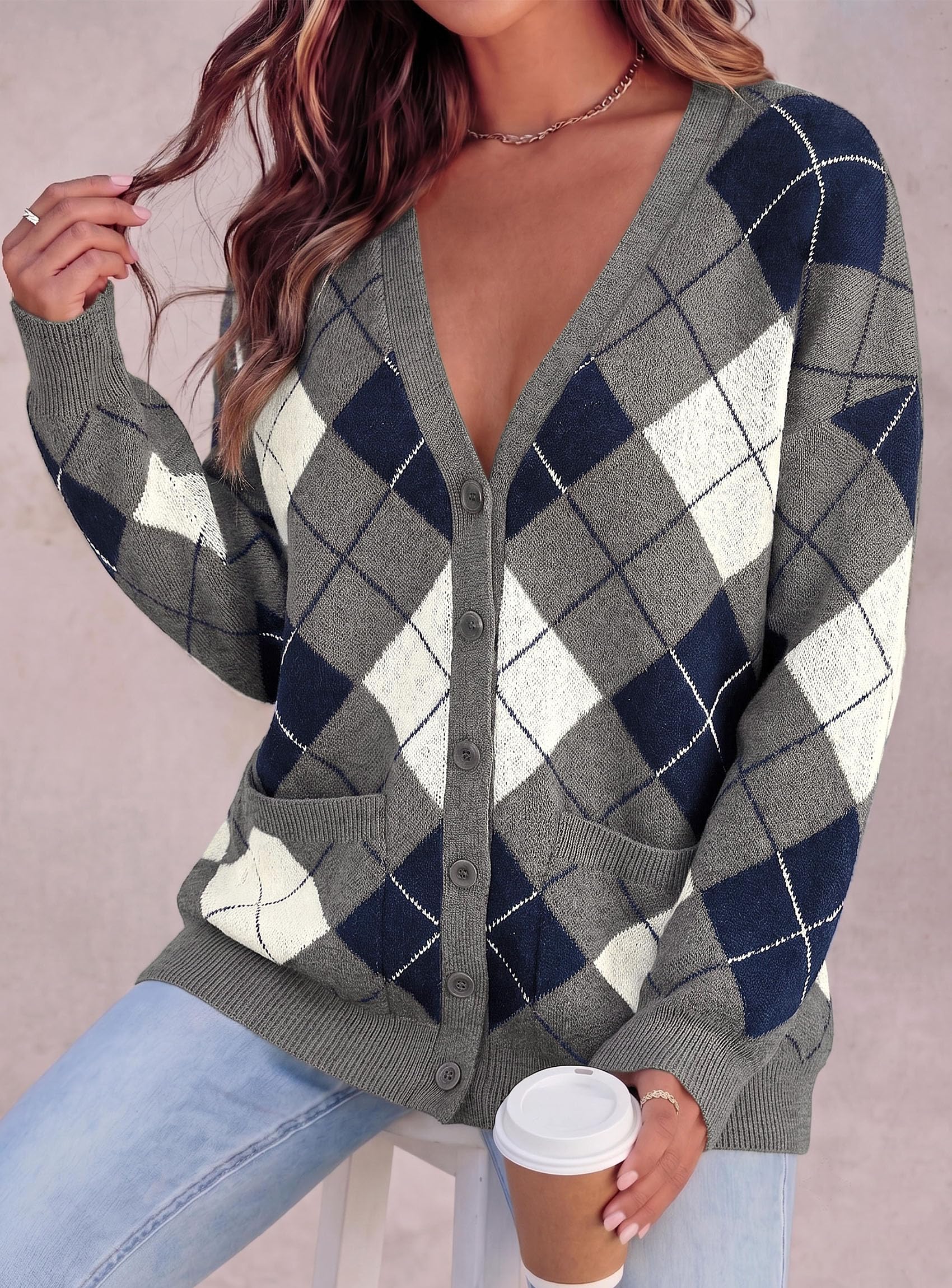 Women's Cardigan Argyle Winter Sweaters (Plaid Grey,L)