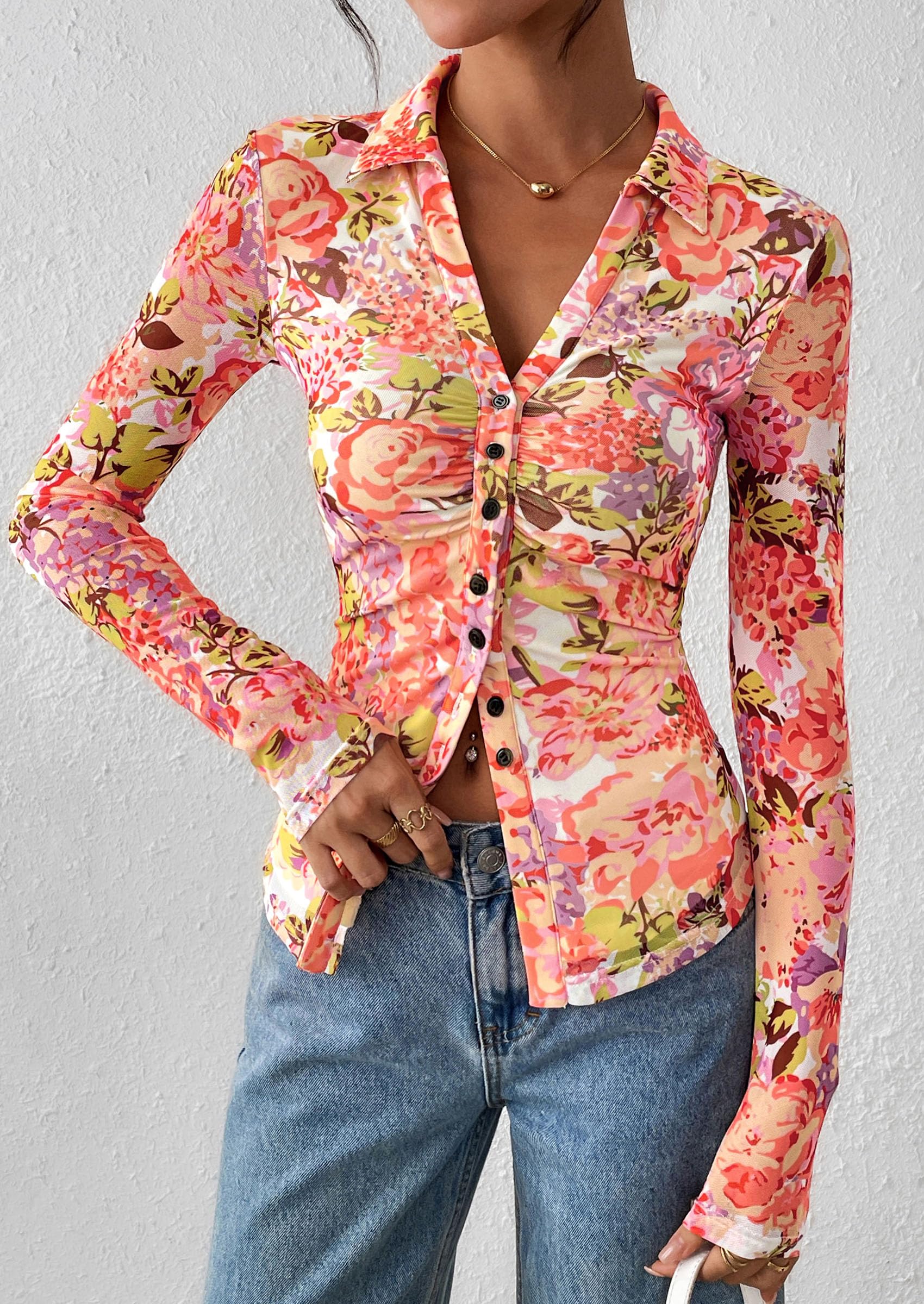 Women's Button Down Shirts Boho Mesh Floral Going Out Tops