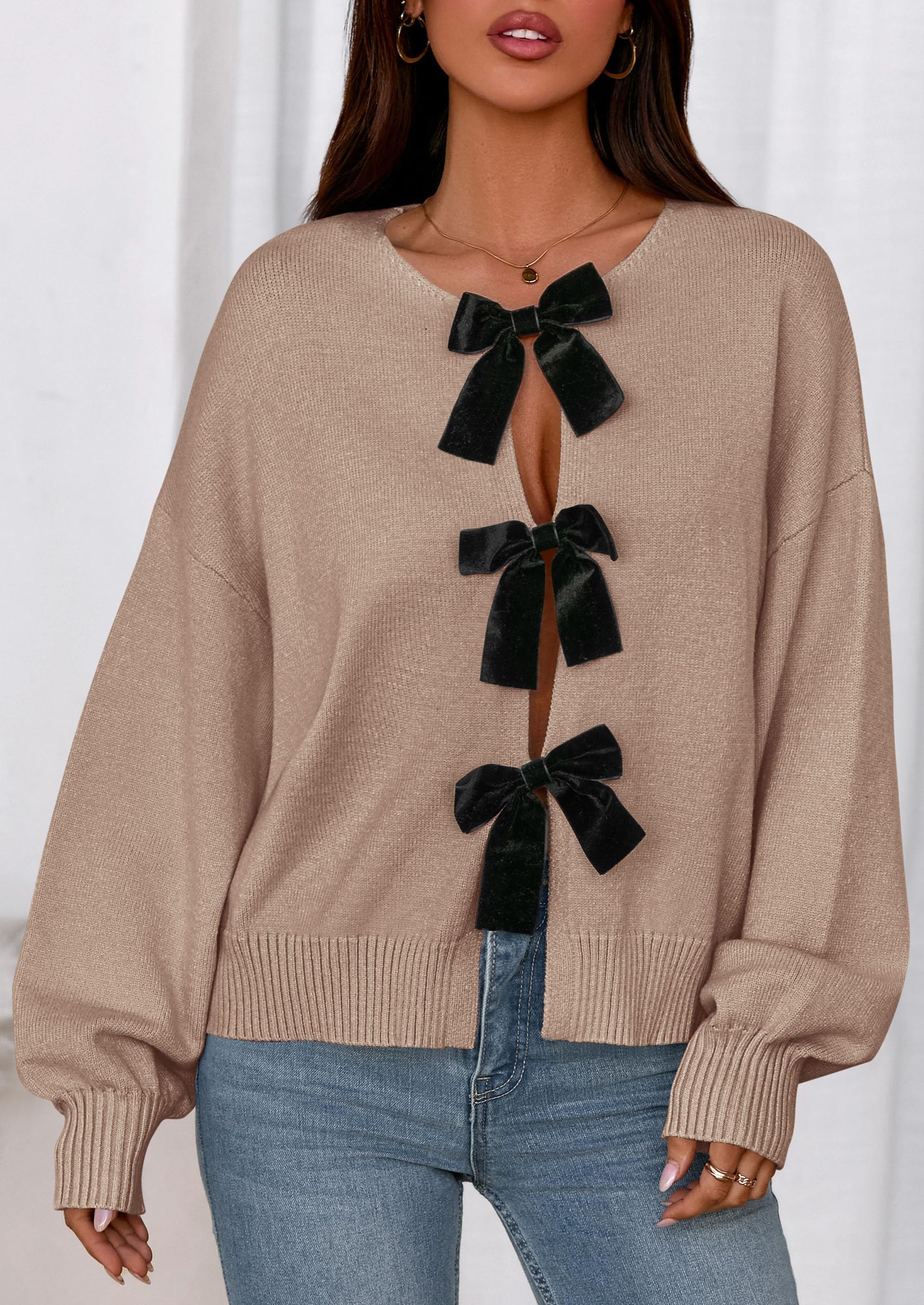 Women's Fall Bow Tie Front Cardigan Sweaters,Khaki,S