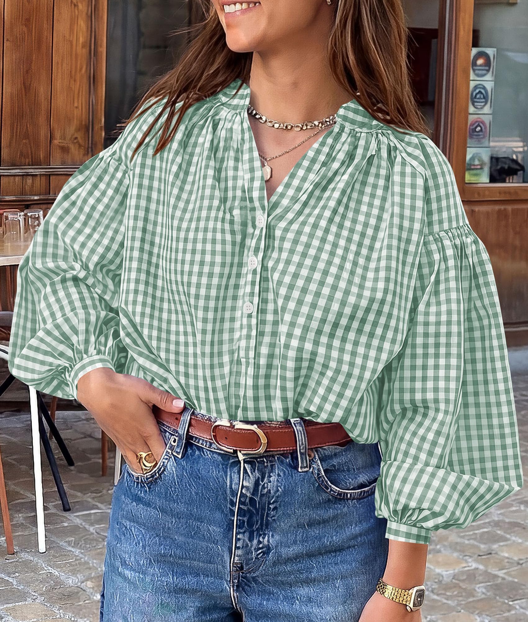 Women Fall Plaid Long Puff Sleeve Shirts V Neck Casual Blouses