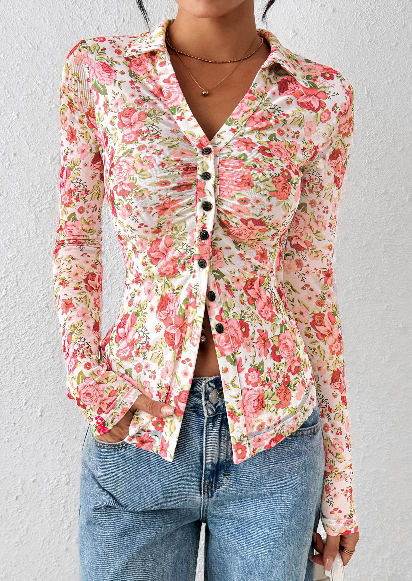 Women's Button Down Shirts Boho Mesh Floral Going Out Tops