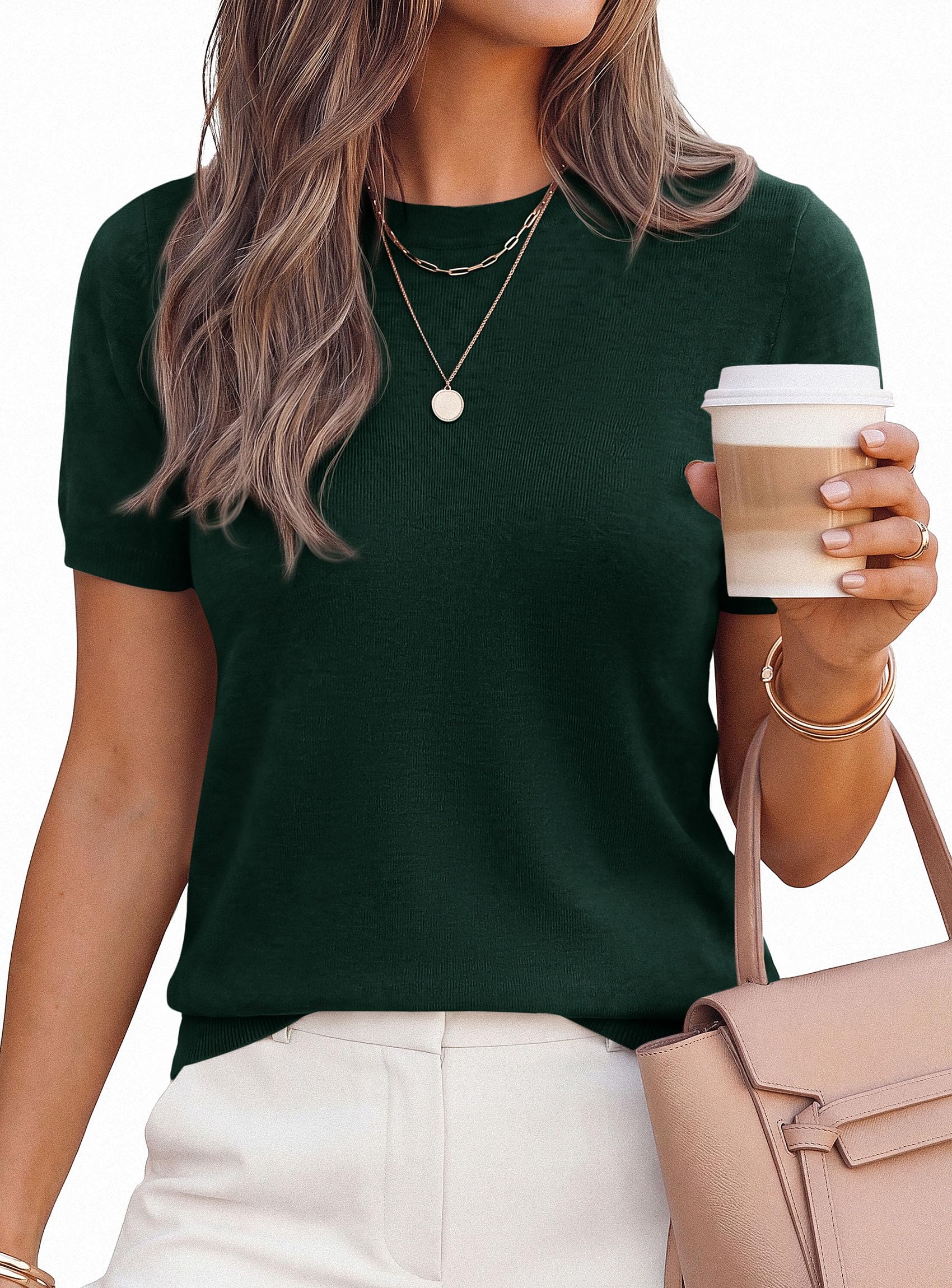 Women's Short Sleeve Sweaters Summer Tops,Dark Green,S