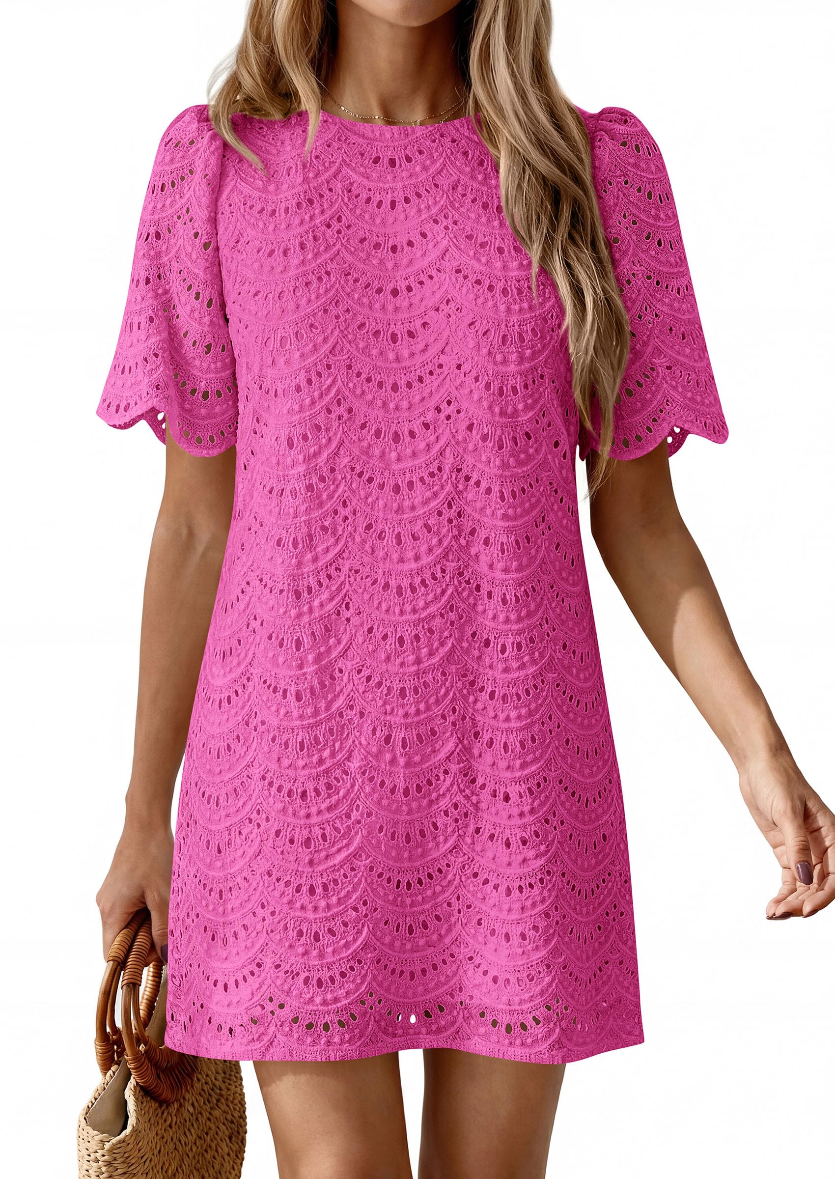 Women's Summer Eyelet Lace Short Dress (Rose Red,S)