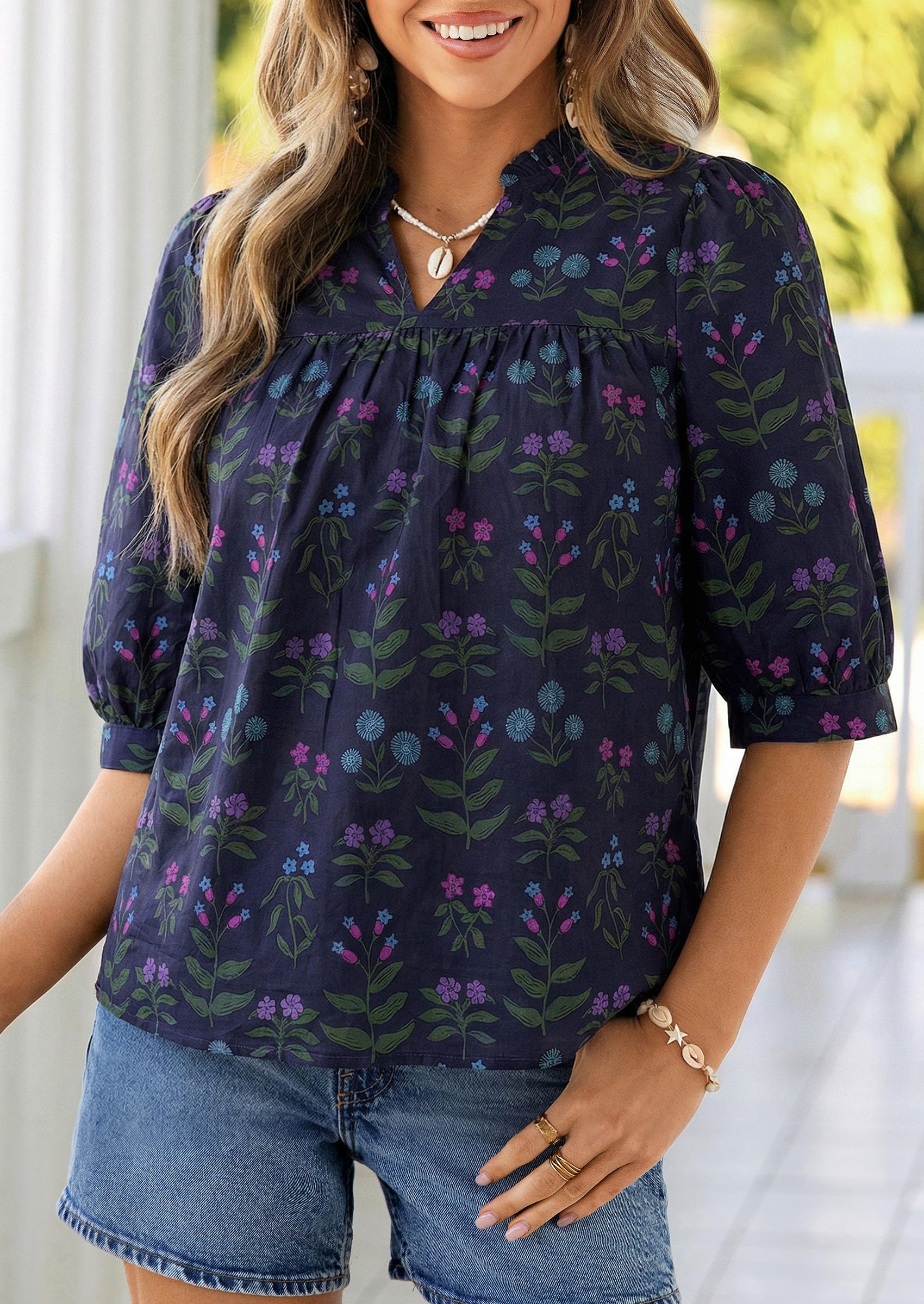 Women's Summer Floral Boho Dressy Casual Tops Navy Blue