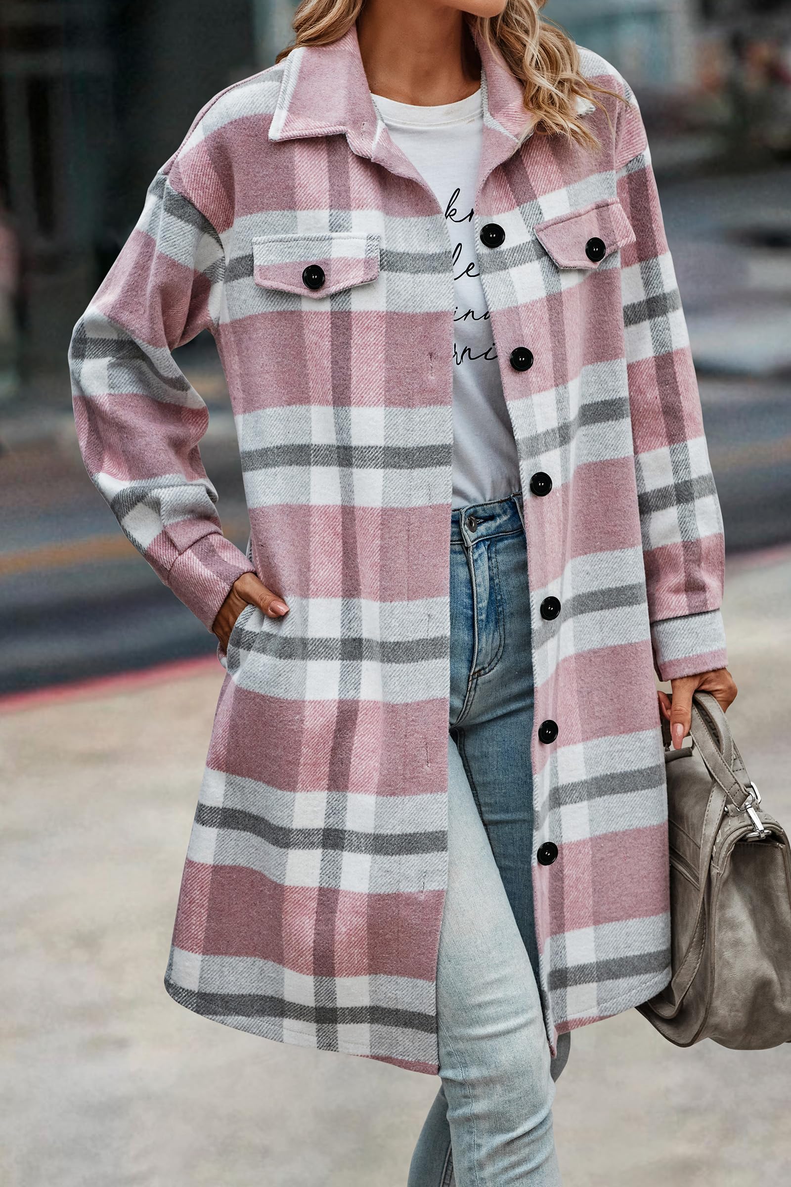 Womens Plaid Shacket Jacket Flannel Shirts,Plaid Pink,S