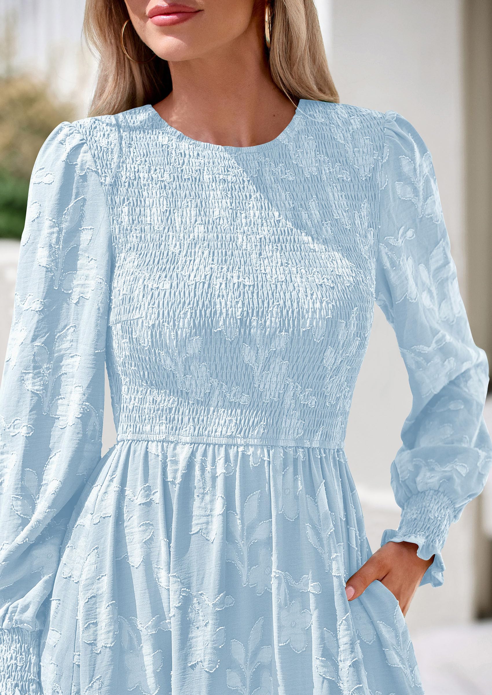 Fall Floral Long Sleeve Wedding Guest Dress for Women Pockets