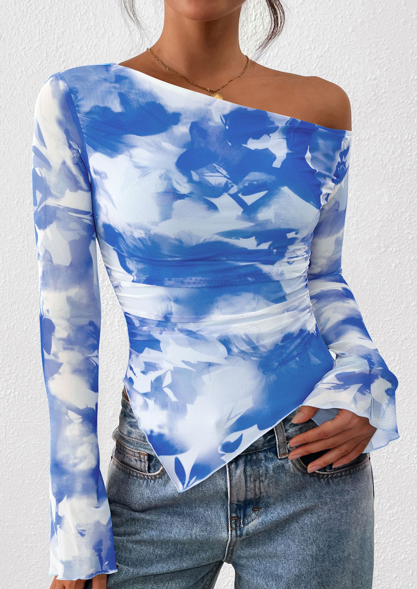 Womens Off Shoulder Mesh Y2k Tops,Floral Light Blue,XS