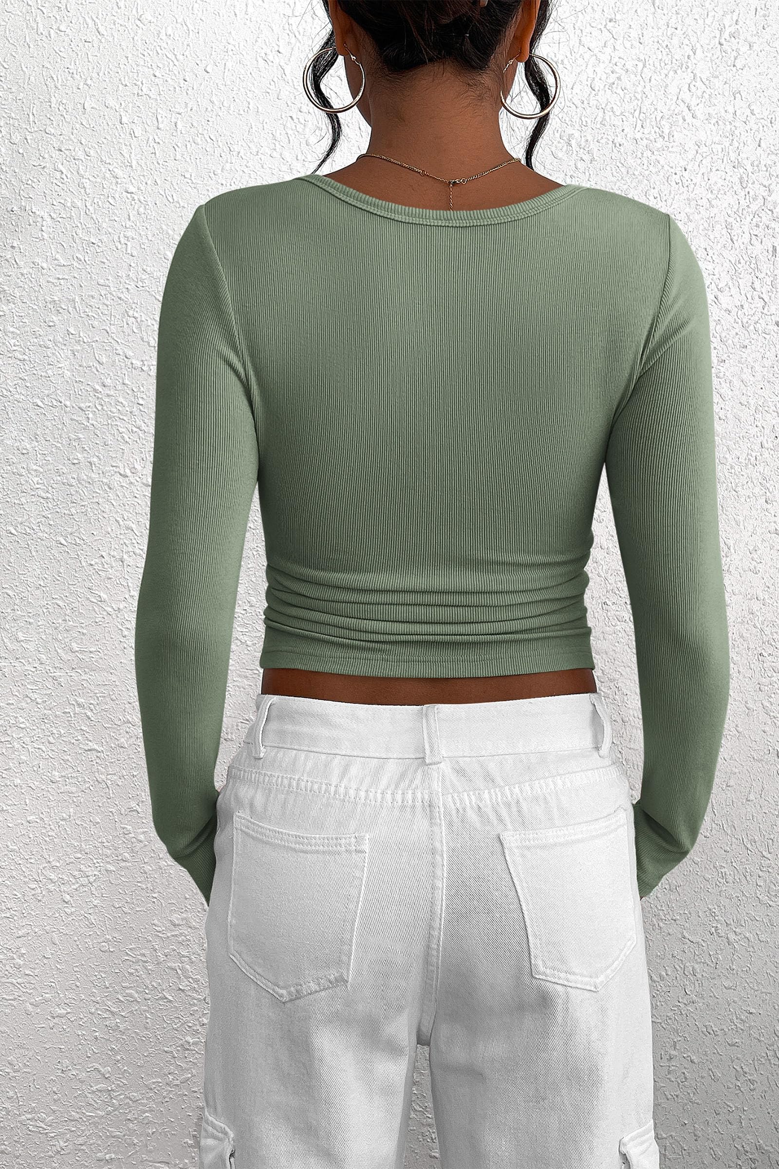 Women's Fall Long Sleeve Henley T Shirts Sage Green