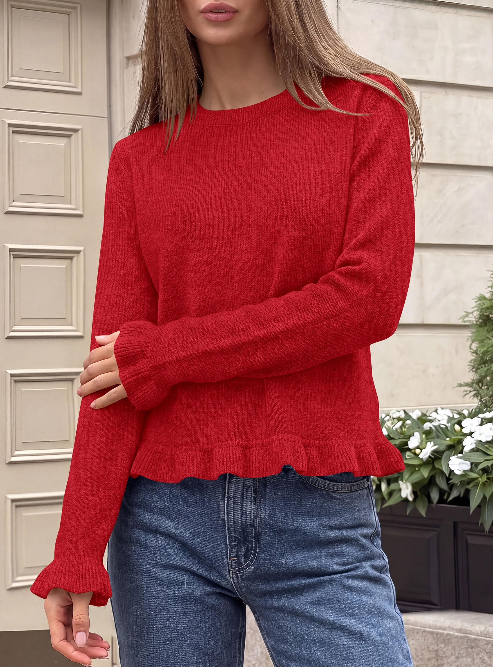 Women's Ruffle Sweaters Fall Fashion Cozy Knit Pullover Red