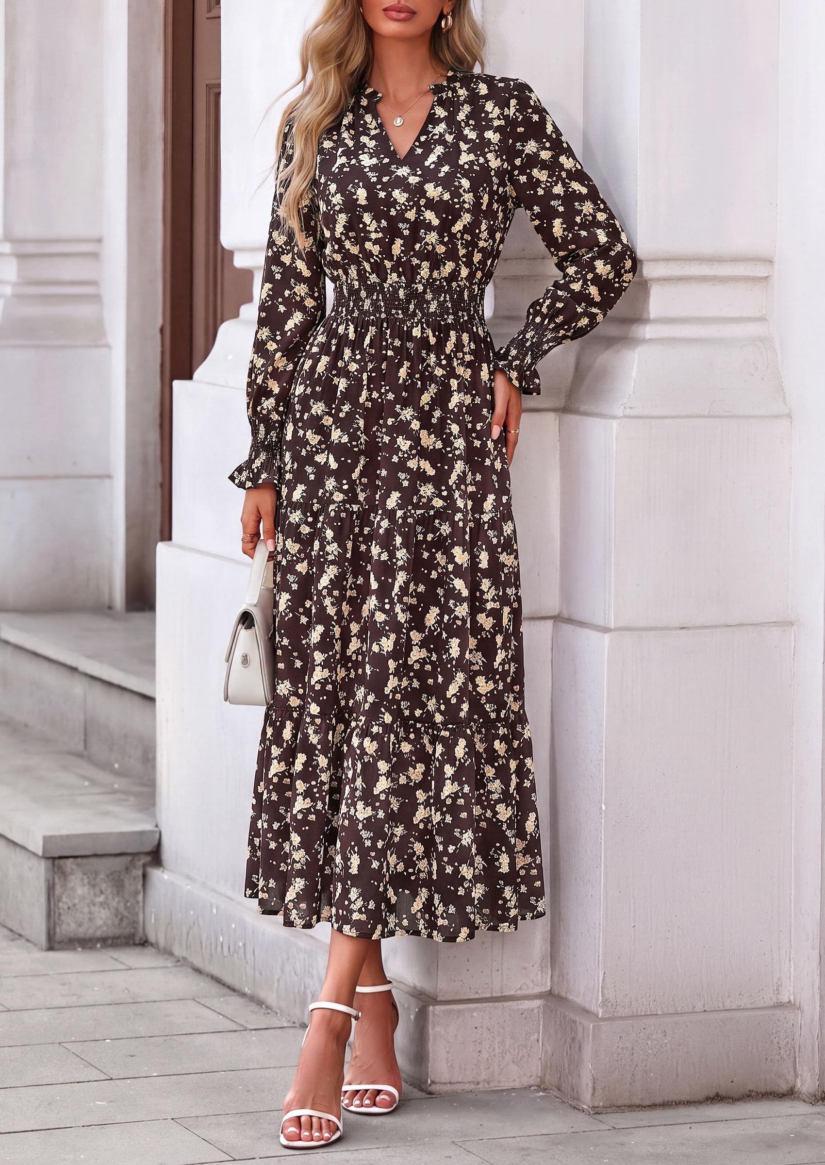 Women's Floral Maxi Dress Fall A Line Wedding Guest Dresses