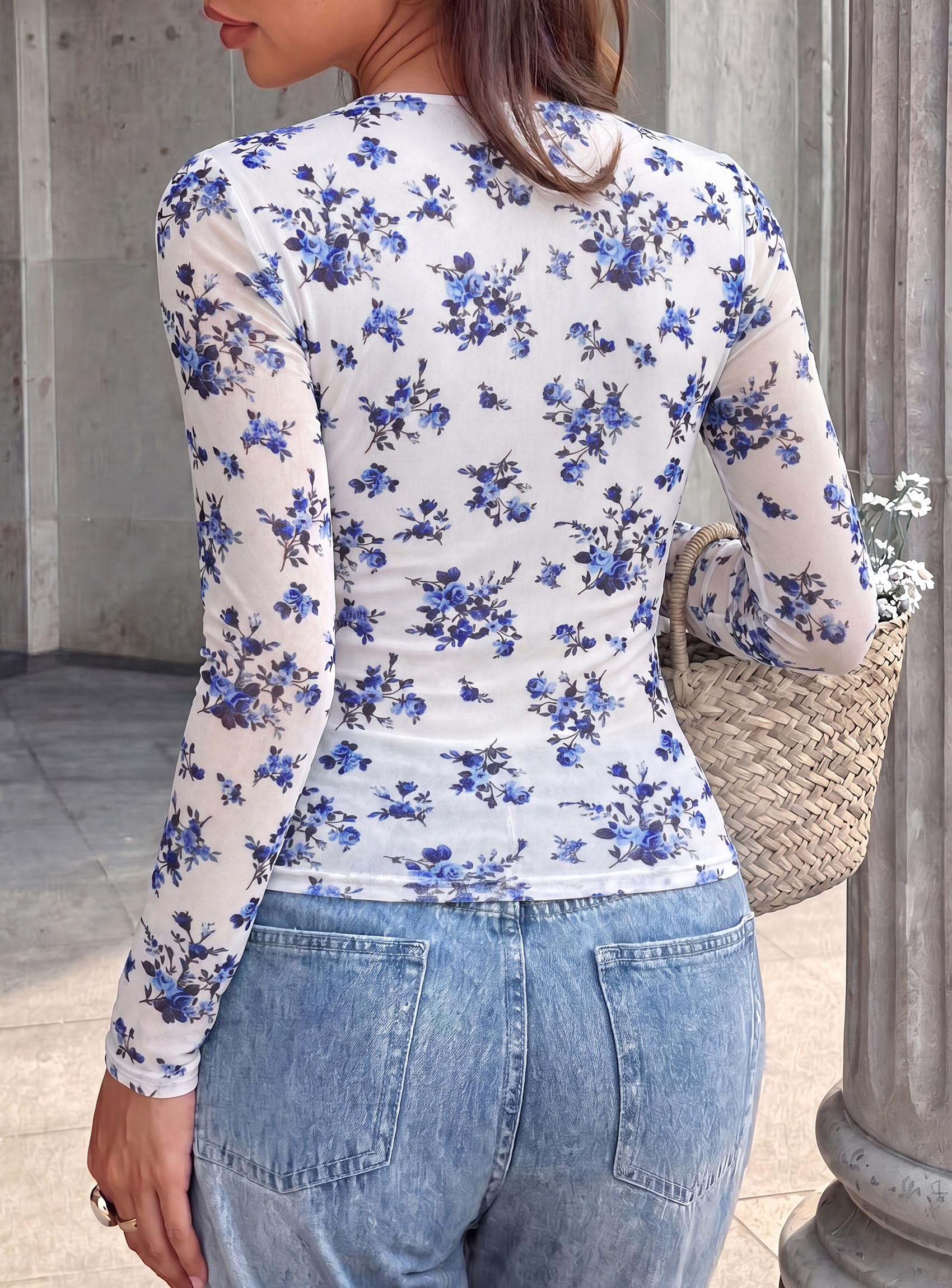 Womens Mesh Wrap Dressy Top Floral V Neck Long Sleeve Shirts