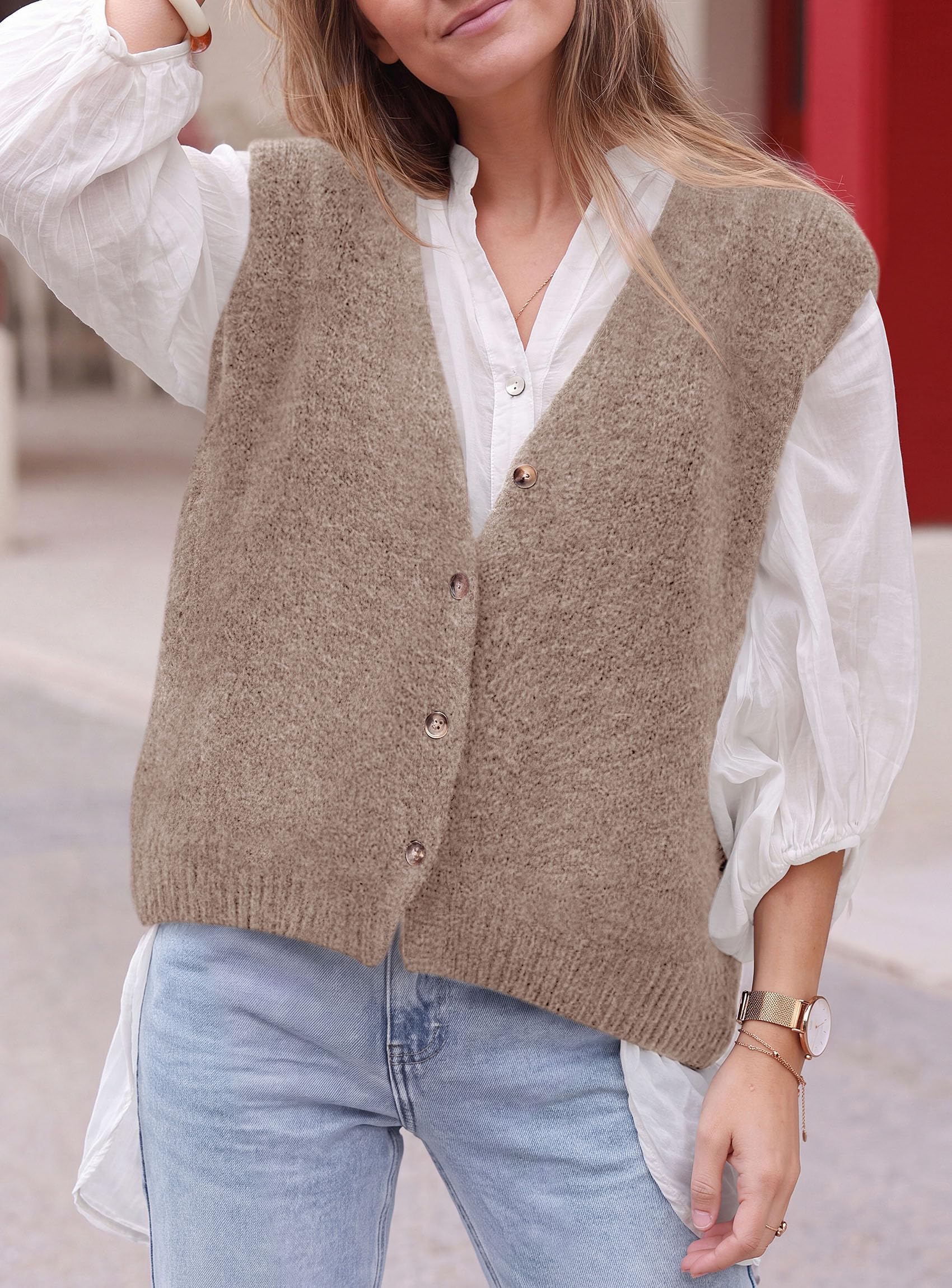 Womens Fall Sleeveless Button Down Sweater Vest,Apricot,S