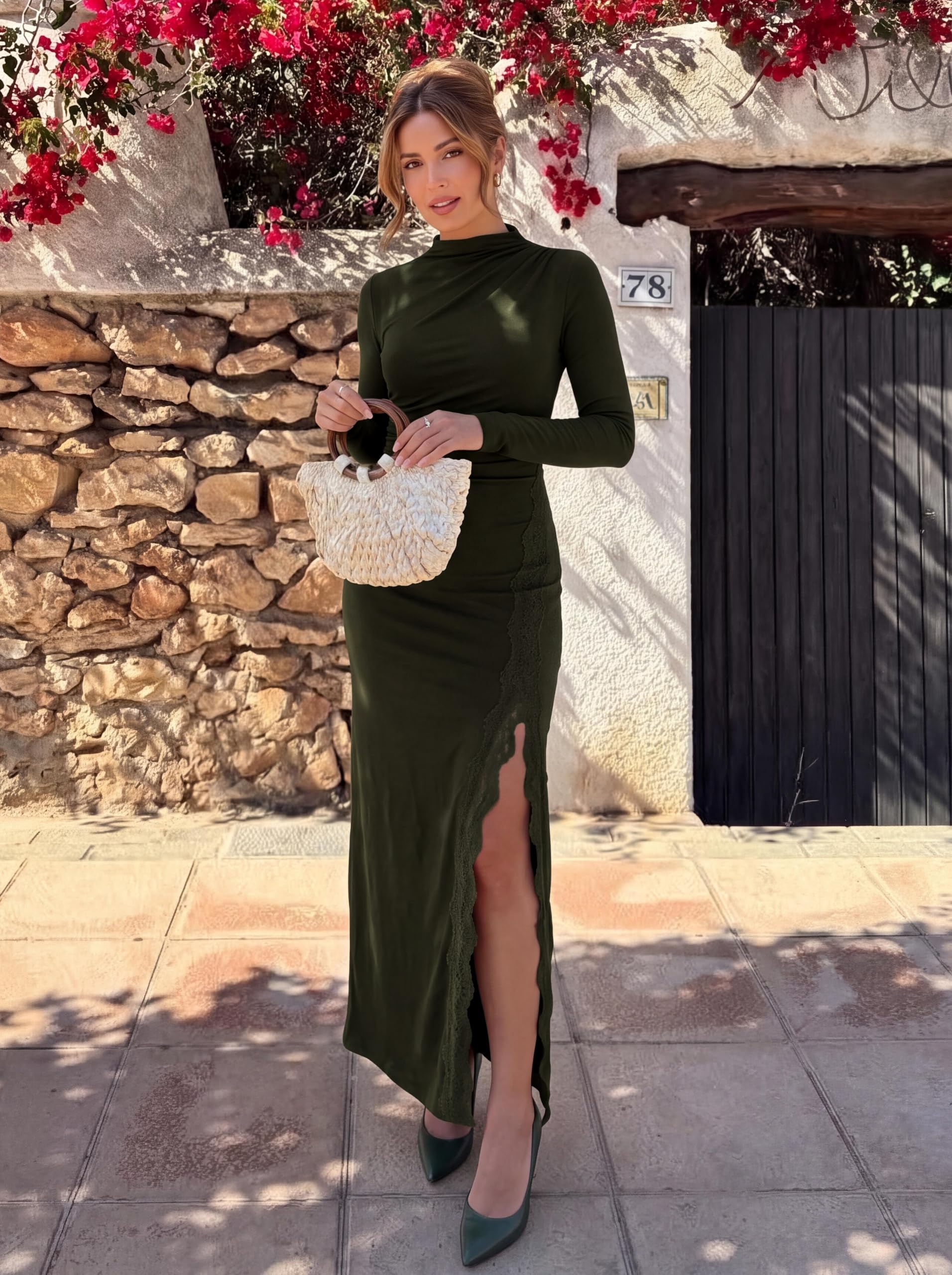 Women's Long Sleeve Wedding Guest Dress Fall Ruched Maxi Dress