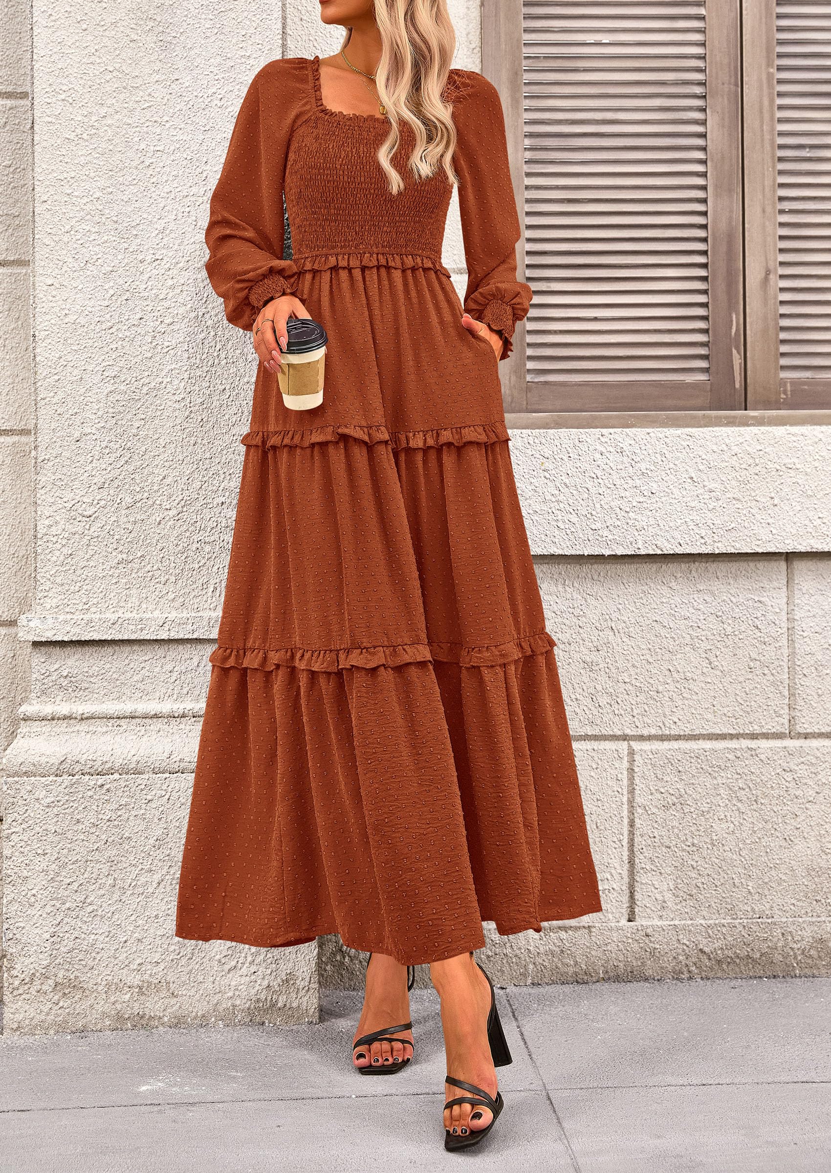 Women's Smocked Long Sleeve Maxi Dress Wedding Guest Dresses