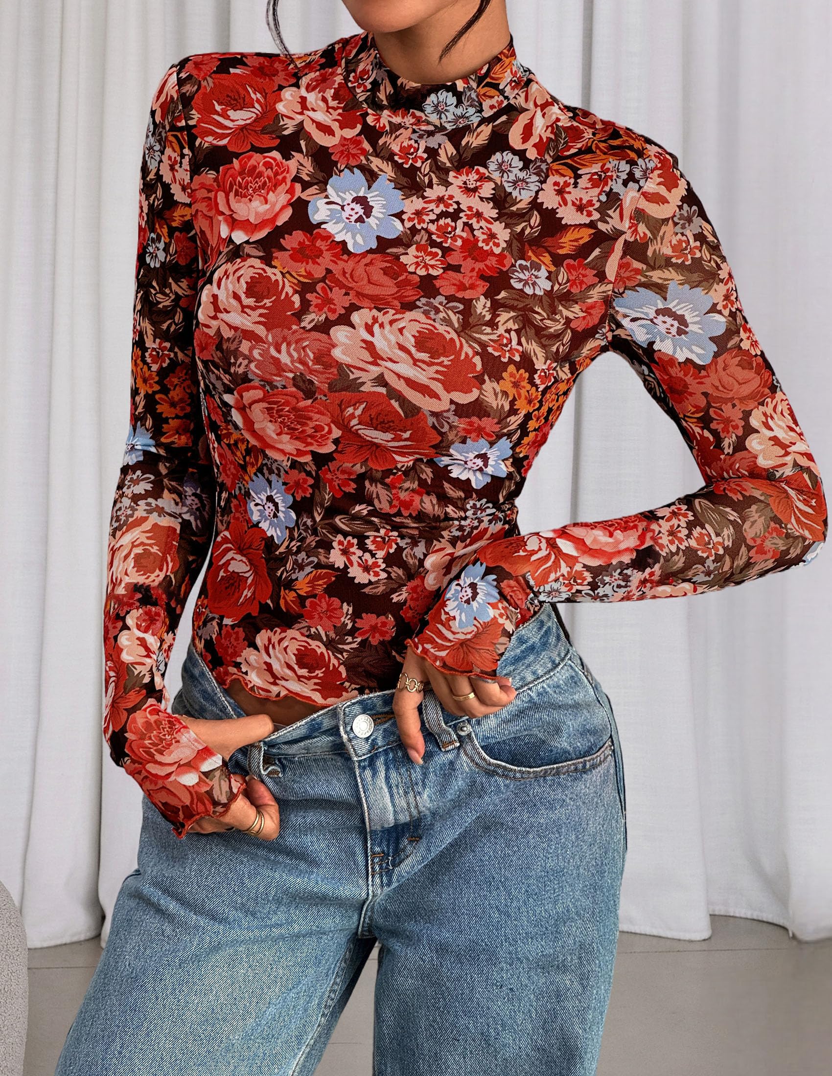 Womens Floral Mesh Long Sleeve Tops Fall Slim Fitted Shirts