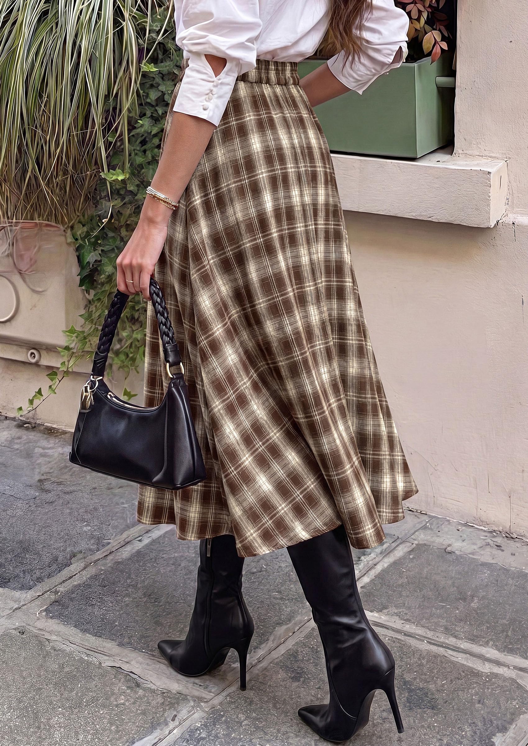Women's Plaid High Waisted A-Line Midi Skirts,Khaki,S