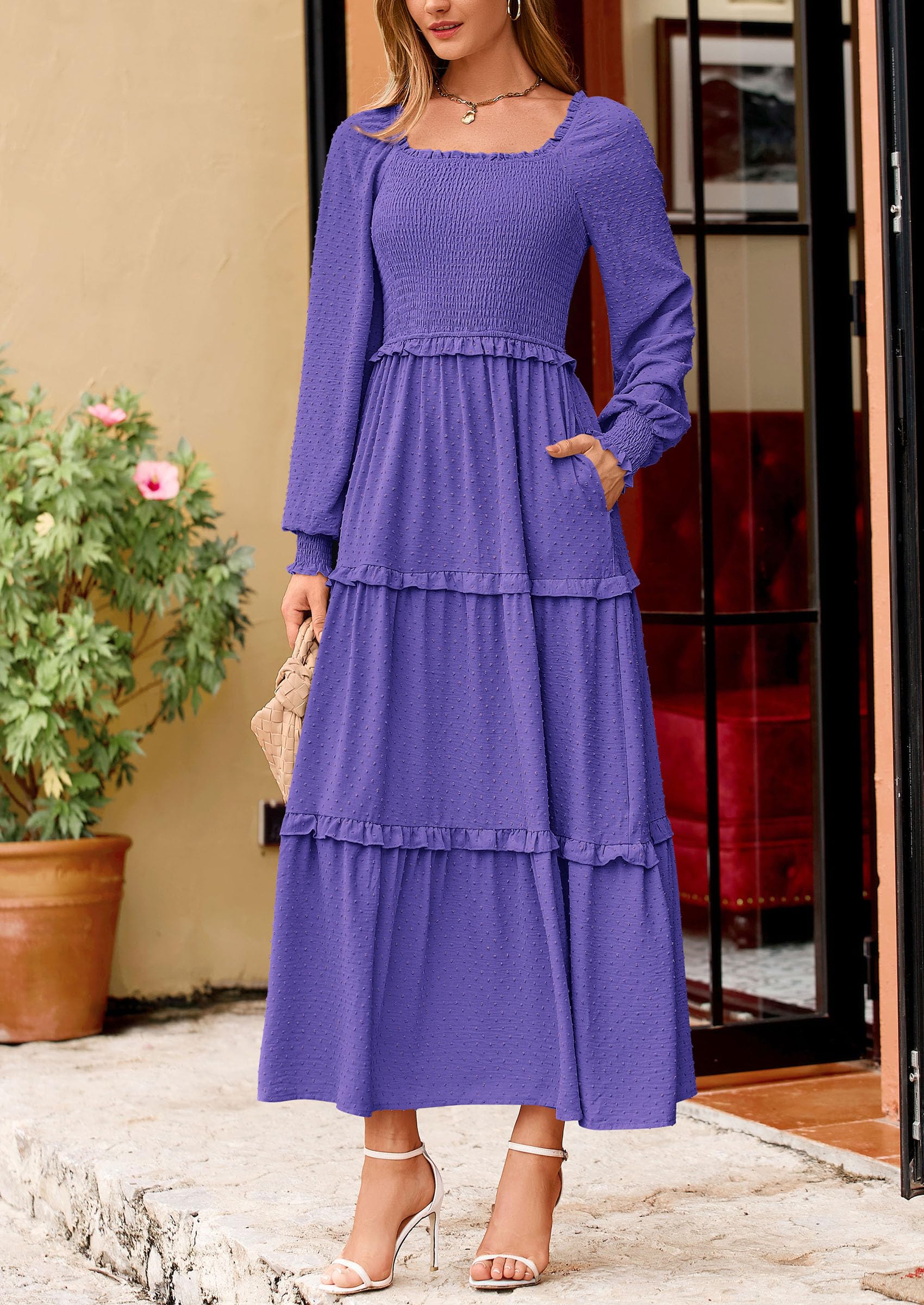 Women's Smocked Long Sleeve Maxi Dress Wedding Guest Dresses