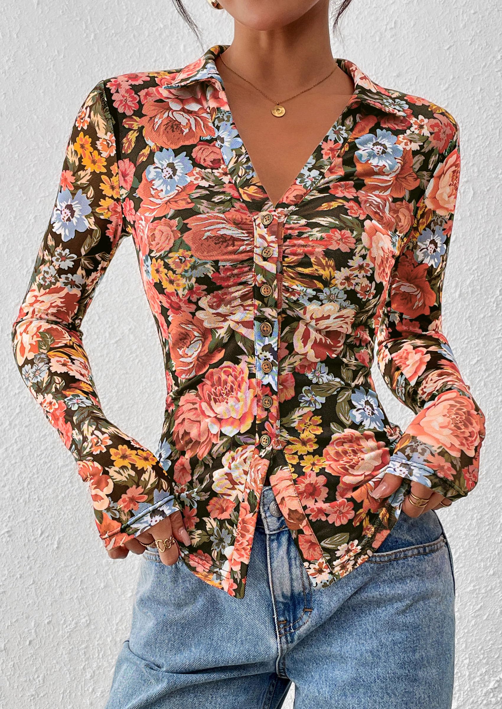 Women's Button Down Shirts Boho Mesh Floral Going Out Tops