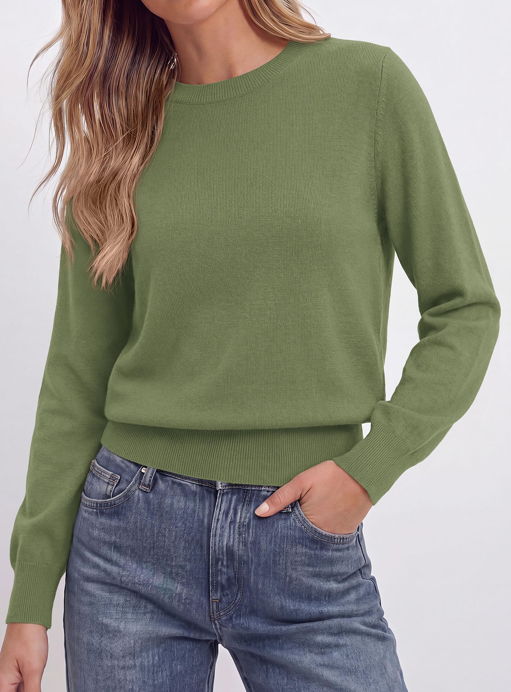 Women’s Long Sleeve Crew Neck Cropped Sweaters Green,S