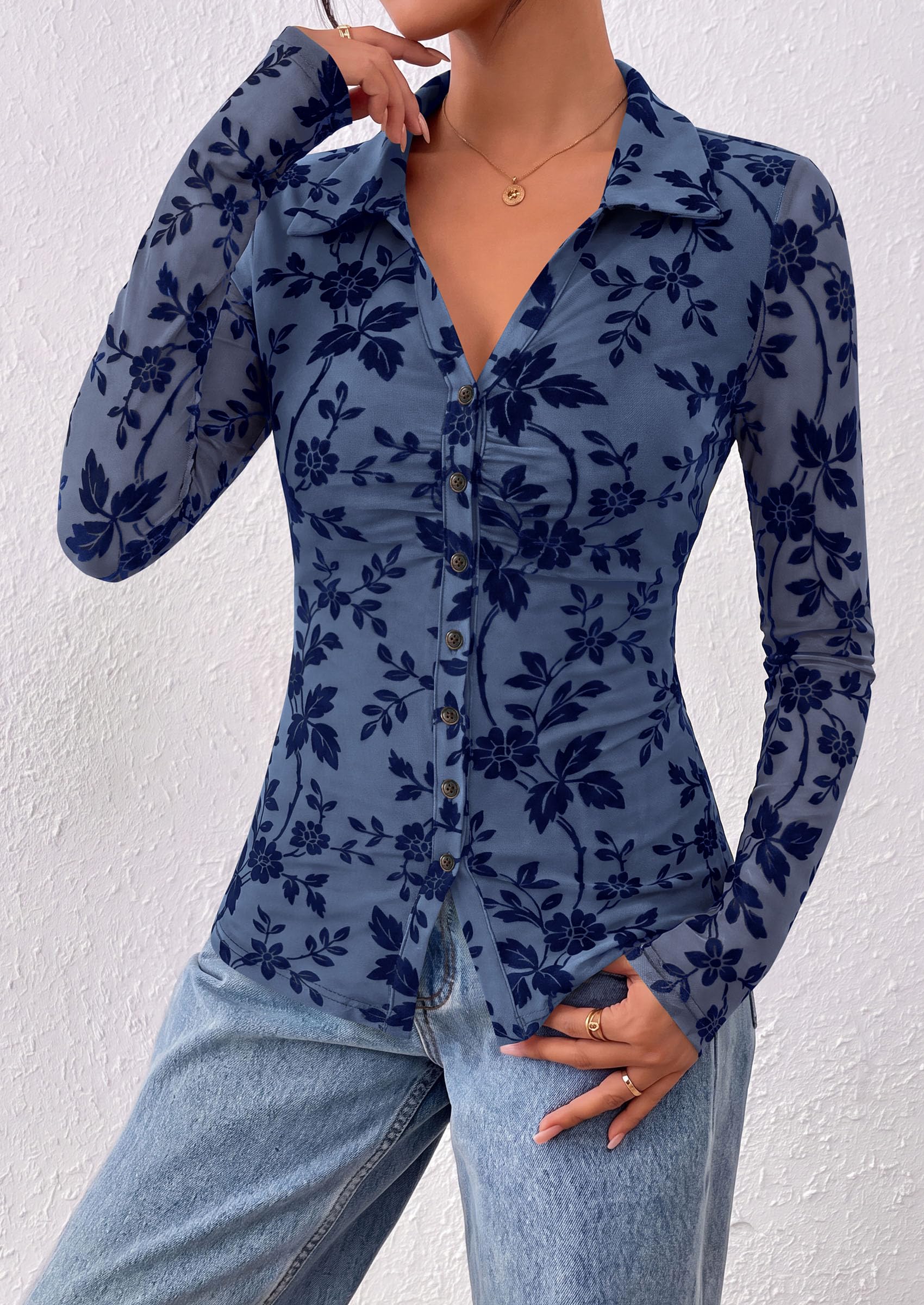 Women's Long Sleeve Floral Mesh Boho Tops Button Down Shirts