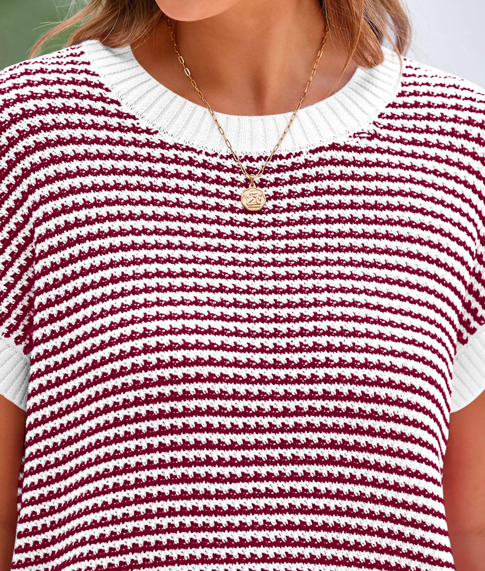 Women's Striped Short Sleeve Sweater Vest Red,S