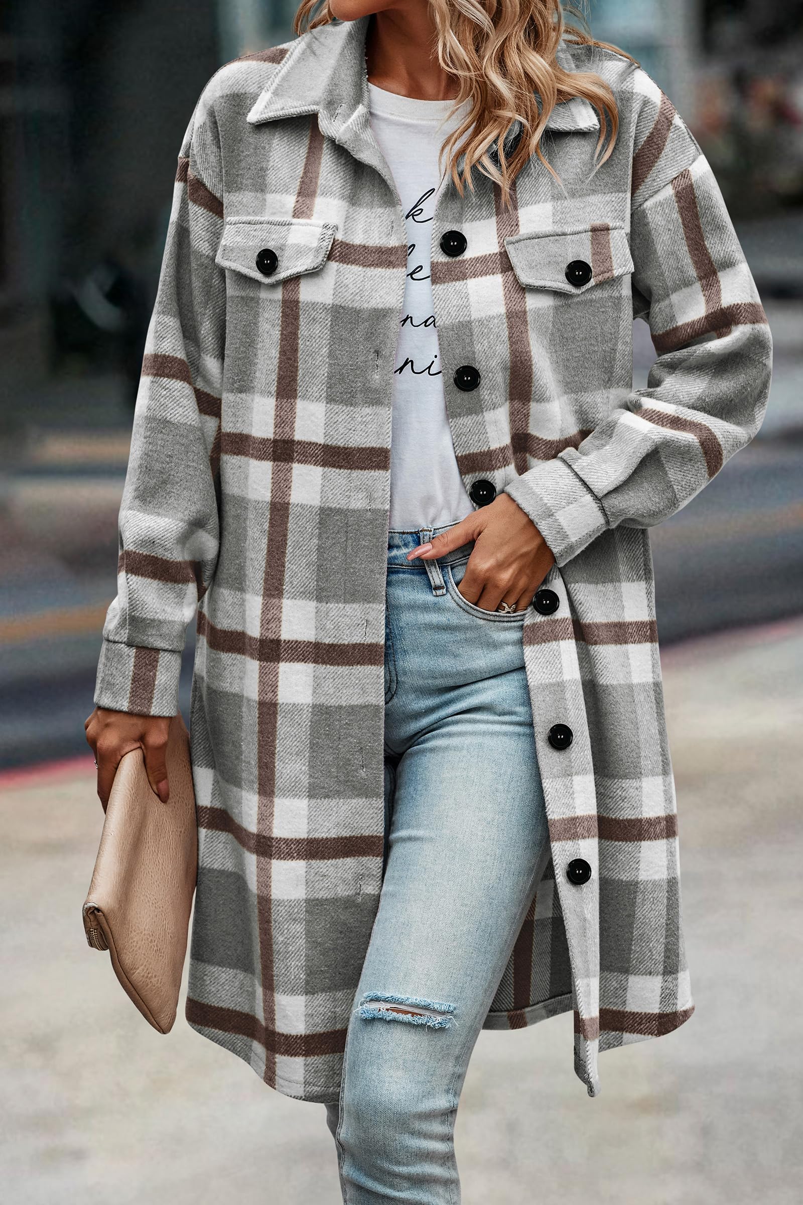 Womens Plaid Shacket Jacket Flannel Shirts,Plaid Grey,S