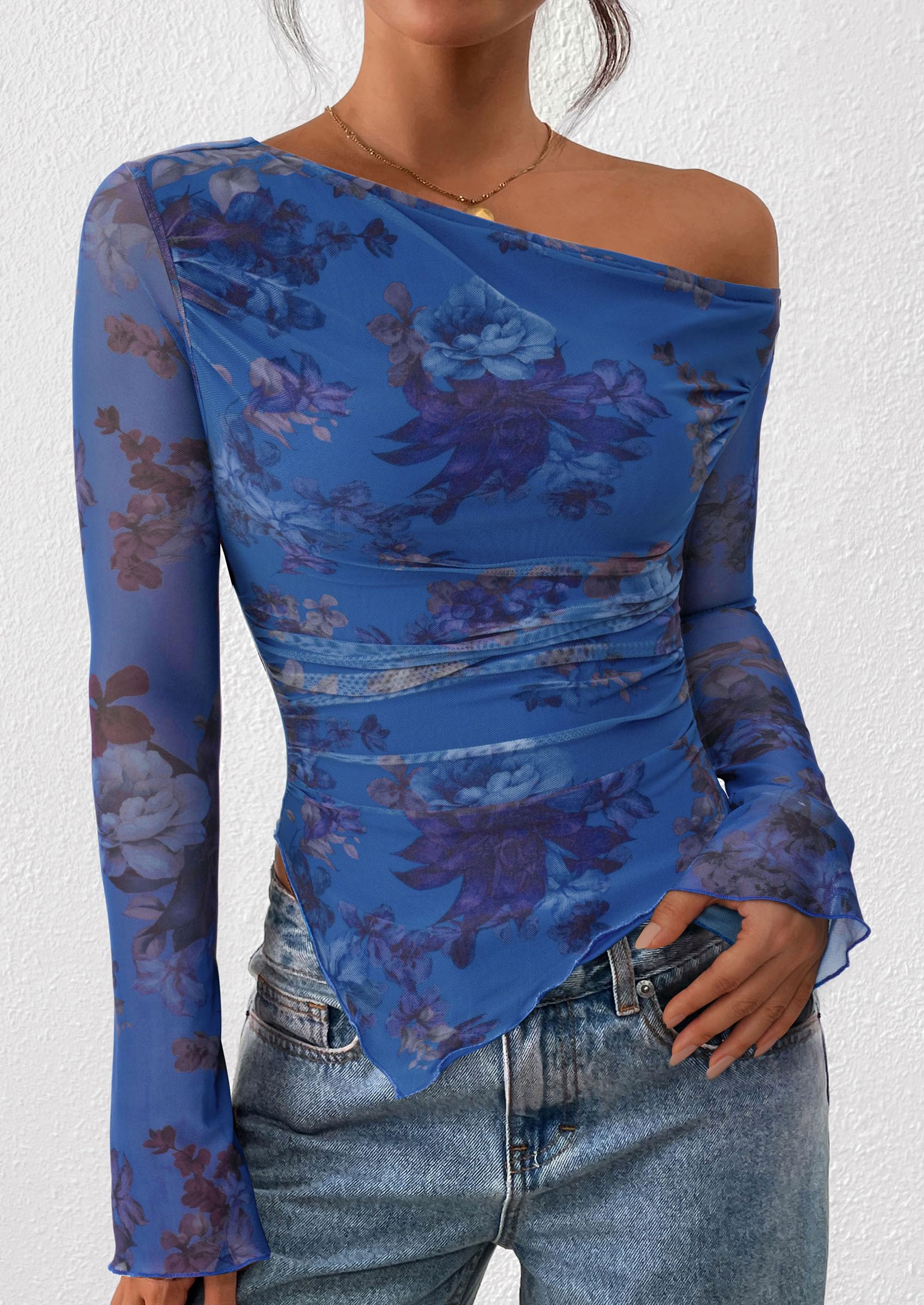 Womens Off Shoulder Mesh Y2k Tops,Floral Blue,XS