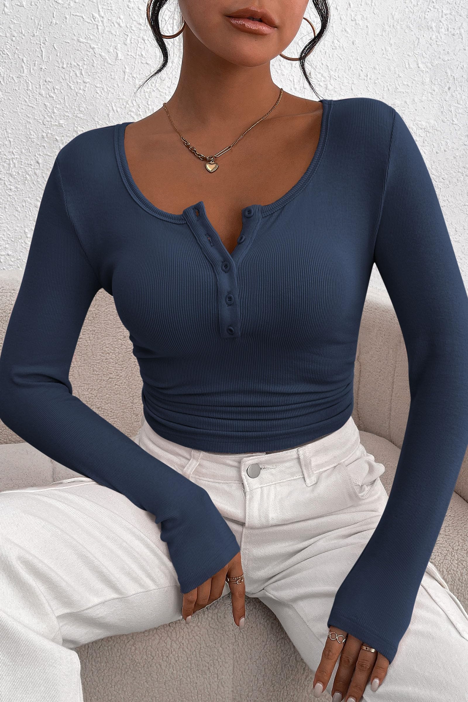 Women's Fall Long Sleeve Henley T Shirts Dark Blue