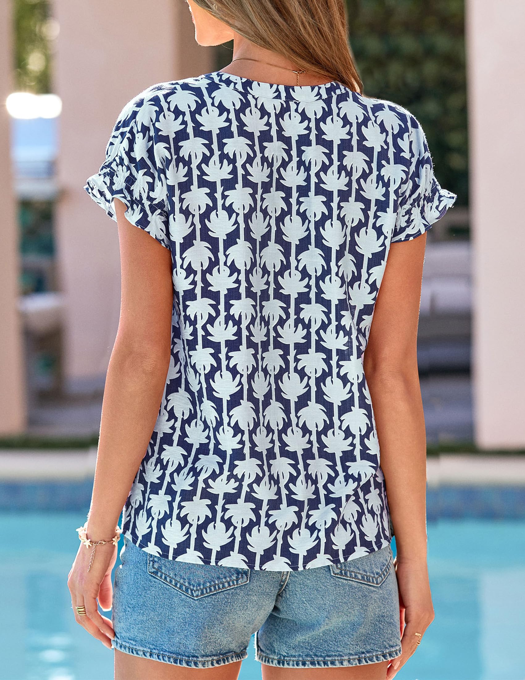 Womens Floral Short Sleeve Blouses,Floral Navy Blue,S